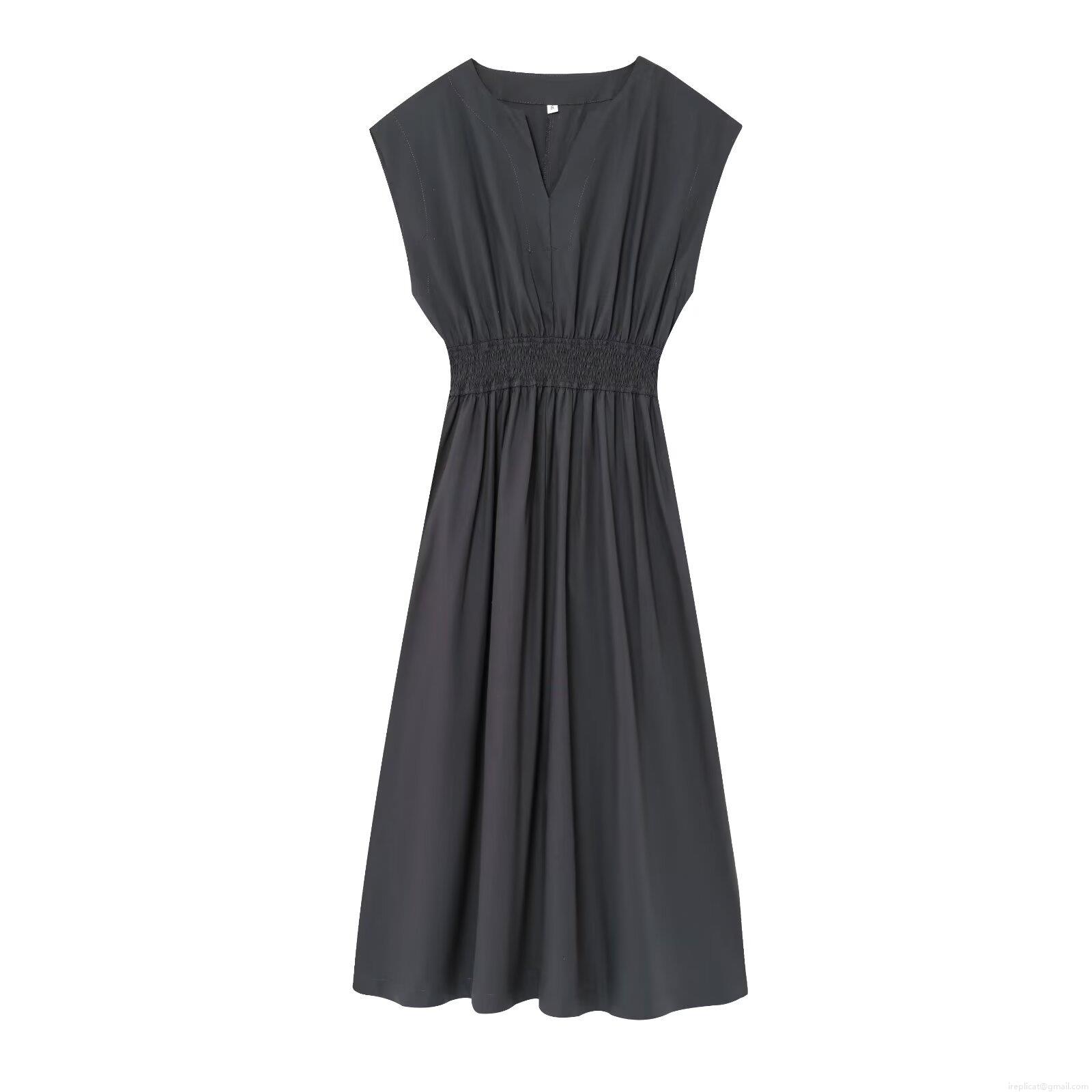 Women\'s V-Neck Sleeveless Midi Dress Polyester Cotton Blend Solid Color Elastic Waist Pleated Sheath Dress Casual Streetwear Party Dress