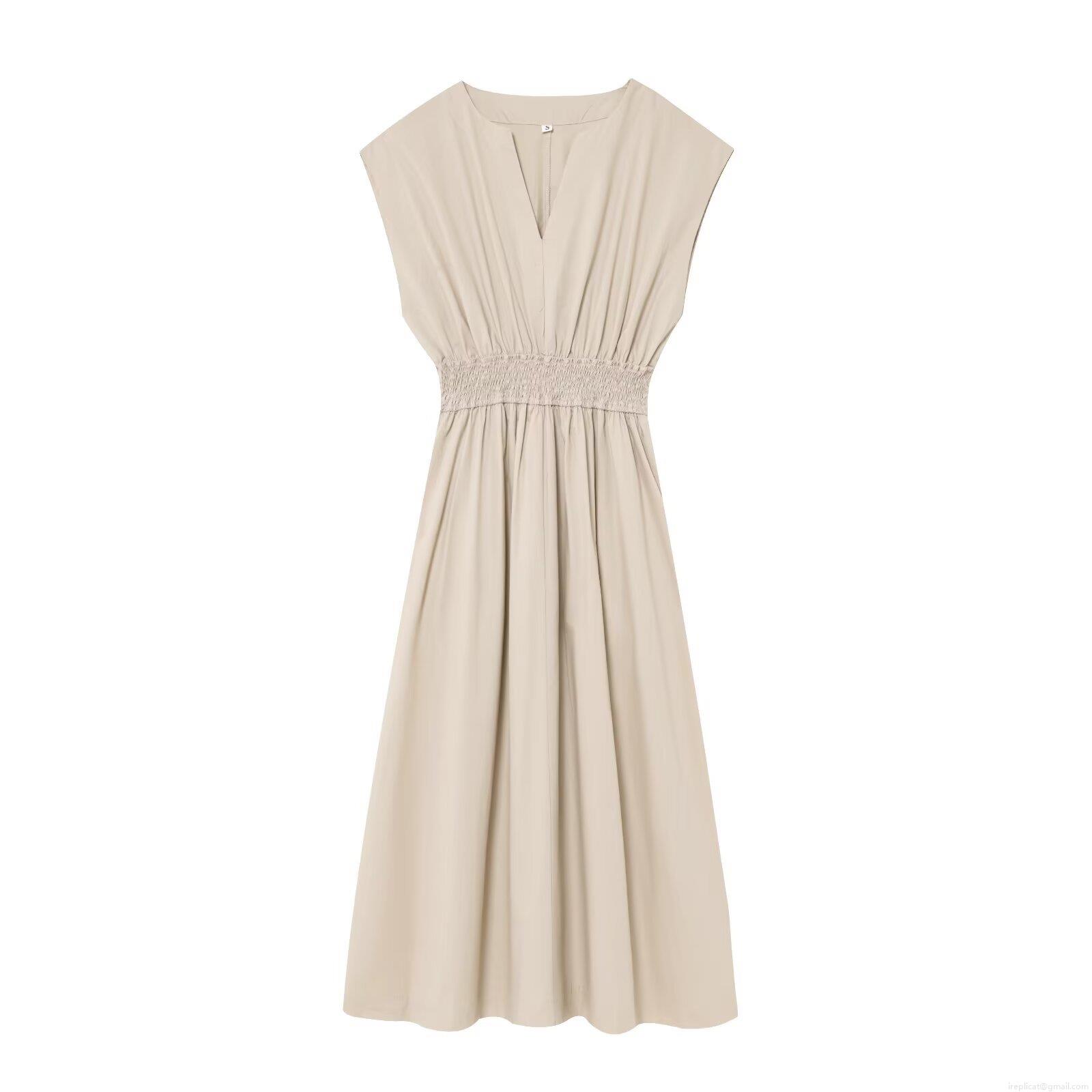 Women\'s V-Neck Sleeveless Midi Dress Polyester Cotton Blend Solid Color Elastic Waist Pleated Sheath Dress Casual Streetwear Party Dress