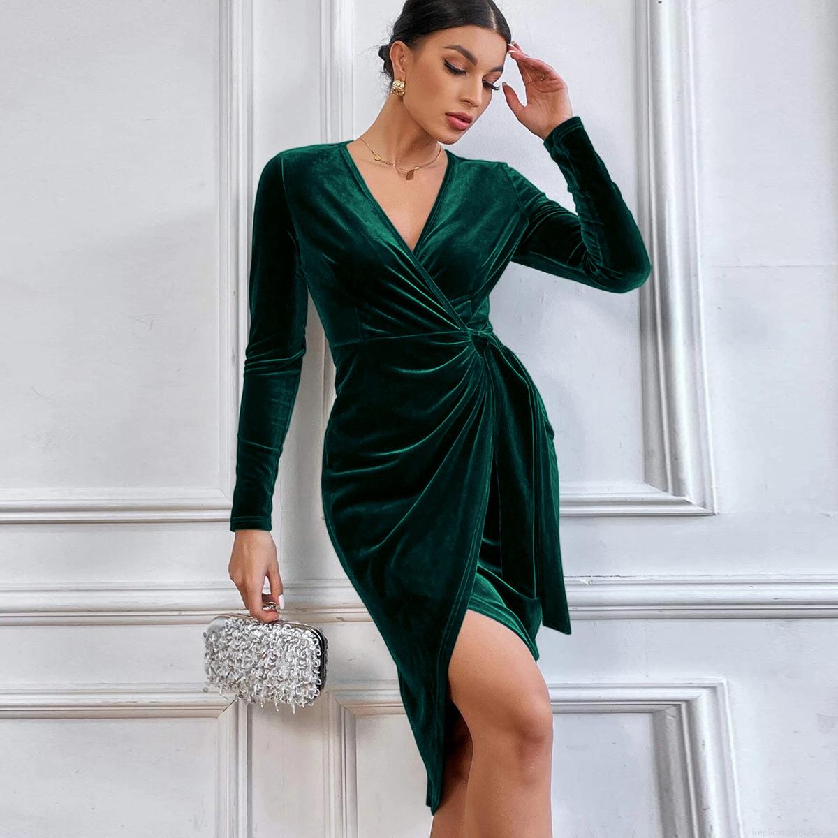 Women Elegant Sexy Velvet Midi Dress V Neck Long Sleeve Bodycon Party Gown With Irregular Slit Ruched Wrap Cocktail Dress For Banquet Wedding Dating Women Elegant Sexy Velvet Midi Dress V Neck Long Sleeve Bodycon Party Gown With Irregular Slit Ruched Wrap Cocktail Dress For Banquet Wedding Dating
