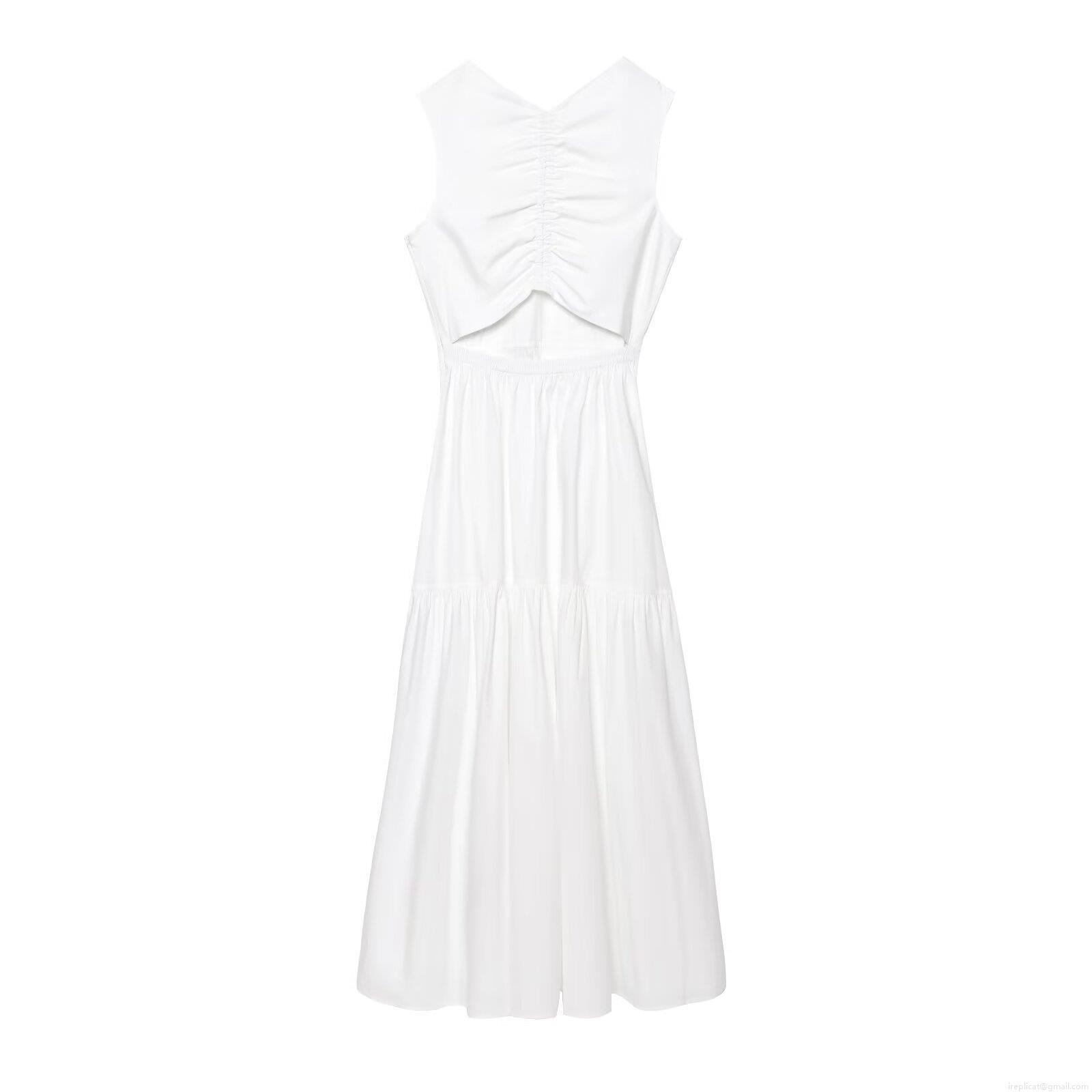 Women's Sleeveless Round Neck White Midi Dress Summer Casual Street Style A-Line Tiered Cake Dress With Pleated Cut-Out Detail Solid Color Polyester Blend Fashion Dress Women's Sleeveless Round Neck White Midi Dress Summer Casual Street Style A-Line Tiered Cake Dress With Pleated Cut-Out Detail Solid Color Polyester Blend Fashion Dress