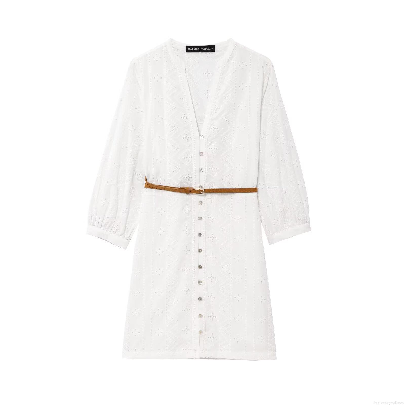 Women's Hollow Embroidery Shirt Dress Cotton Blend Long Sleeve Midi Dress With Brown Belt European Streetwear Style Single Breasted Casual White Party Dress