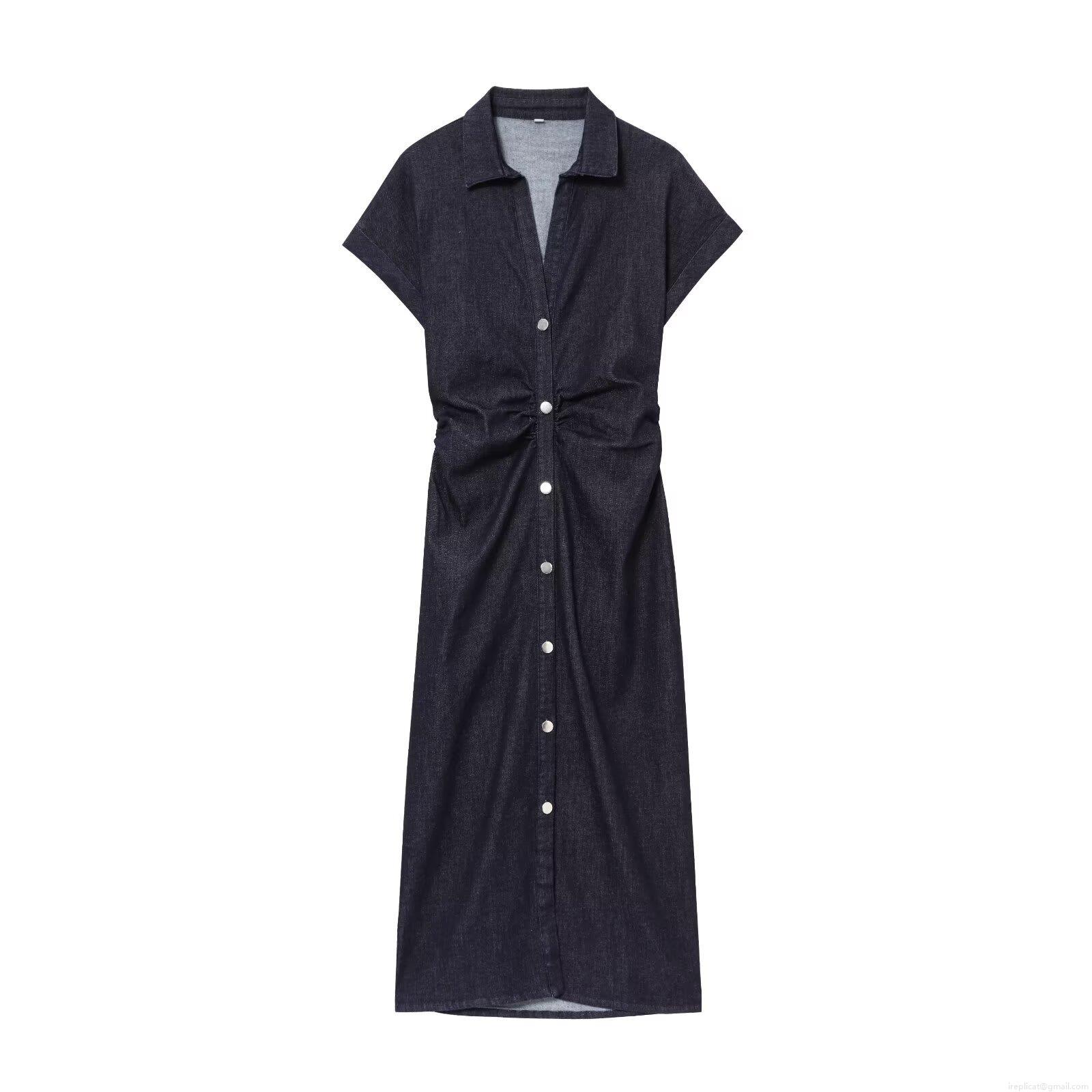 Women's Short Sleeve Single Breasted Denim Style Shirt Dress Ruched Waist Midi Polyester Casual Streetwear Dresses Women's Short Sleeve Single Breasted Denim Style Shirt Dress Ruched Waist Midi Polyester Casual Streetwear Dresses