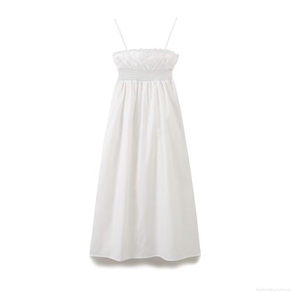 Women's Summer Casual Cotton Blend Slip Midi Dress With Embroidery Lace Trim Smocking Slim Fit A-Line Dress For Vacation Beach Women Clothing Women's Summer Casual Cotton Blend Slip Midi Dress With Embroidery Lace Trim Smocking Slim Fit A-Line Dress For Vacation Beach Women Clothing