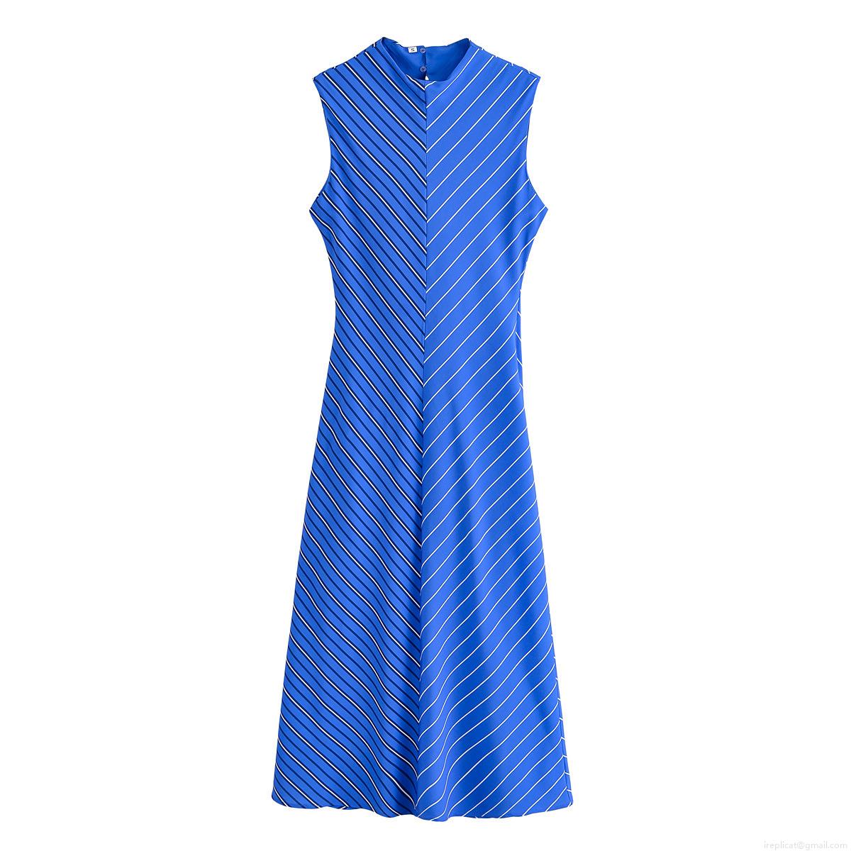 Summer Women Sleeveless Midi A-Line Dress Half-High Collar Diagonal Striped Zipper Decoration Polyester Woven Chic Street Style Casual Dress Summer Women Sleeveless Midi A-Line Dress Half-High Collar Diagonal Striped Zipper Decoration Polyester Woven Chic Street Style Casual Dress