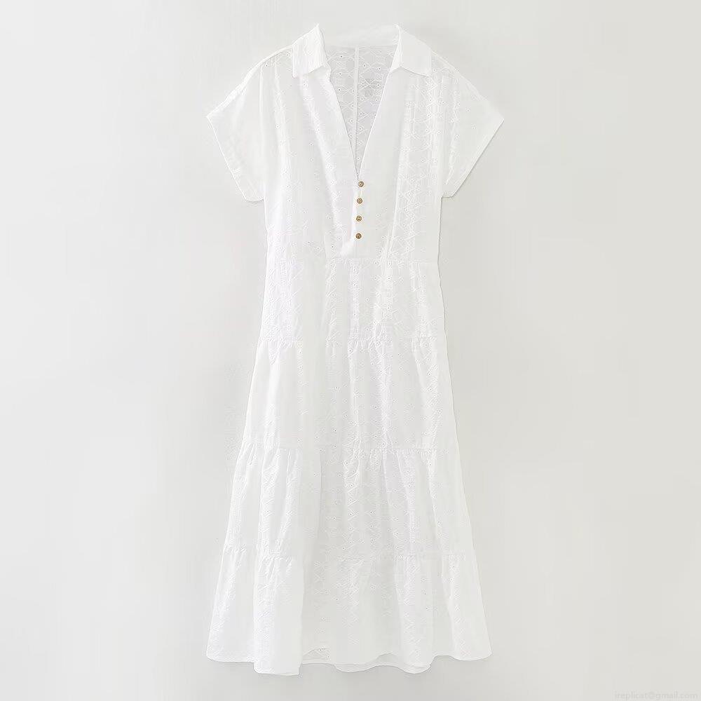 Women's Summer White Short Sleeve Embroidery Hollow Out Cotton Midi Dress Elegant V-Neck Wood Button Tiered Skirt Boho Vacation Sun Dress Women's Summer White Short Sleeve Embroidery Hollow Out Cotton Midi Dress Elegant V-Neck Wood Button Tiered Skirt Boho Vacation Sun Dress