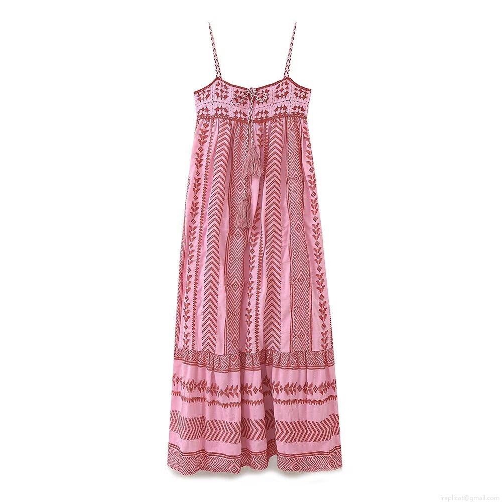 Women Bohemian 100% Cotton Crochet Patchwork Midi Dress Spaghetti Strap V-Neck With Tassels Geometric Tribal Print Pleated Summer Beach Vacation Dress Women Bohemian 100% Cotton Crochet Patchwork Midi Dress Spaghetti Strap V-Neck With Tassels Geometric Tribal Print Pleated Summer Beach Vacation Dress