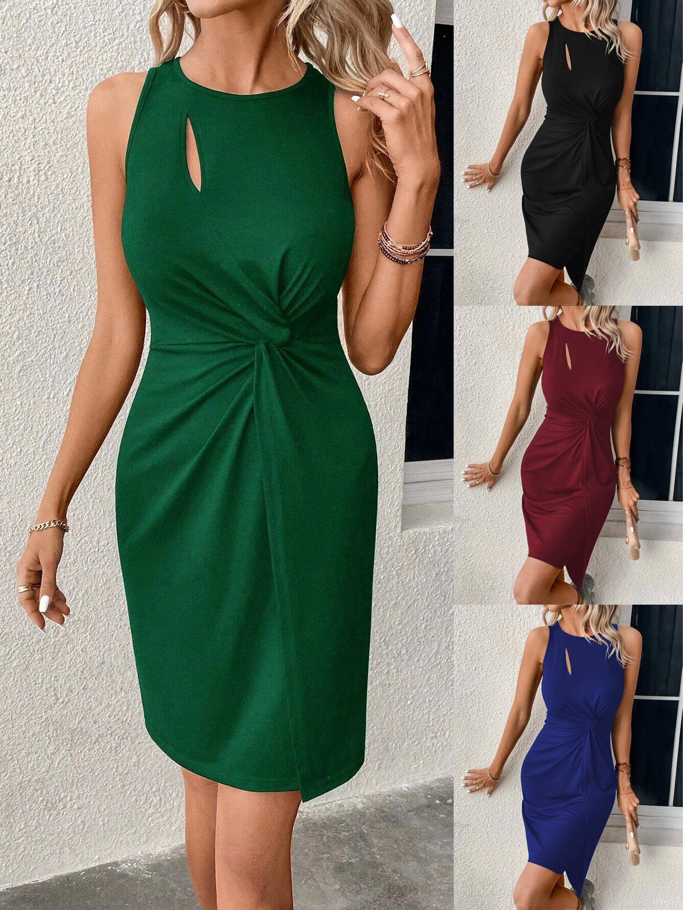 Women's Elegant Bodycon Midi Dress Sleeveless Cut Out Twist Front Ruched Knit Party Dress Cotton Polyester Blend Solid Color Summer Sundress For Ladies Women's Elegant Bodycon Midi Dress Sleeveless Cut Out Twist Front Ruched Knit Party Dress Cotton Polyester Blend Solid Color Summer Sundress For Ladies