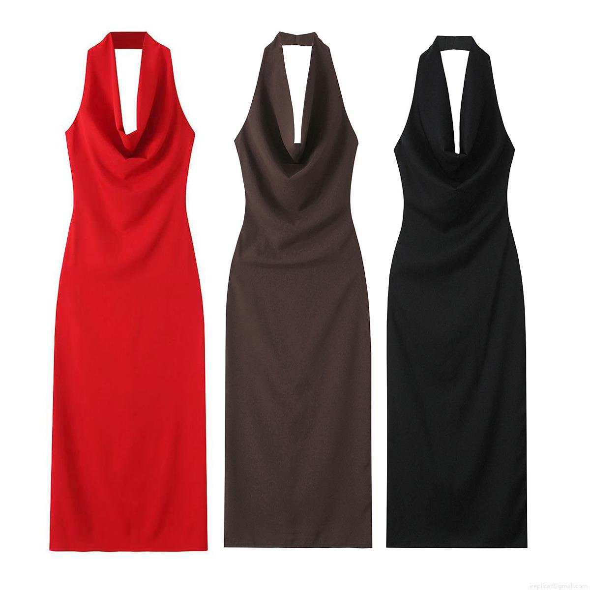 Women's Summer Cowl Neck Halter Dress Backless Pleated Slim Fit Midi Dress Sexy Solid Color Evening Party Dress Women's Summer Cowl Neck Halter Dress Backless Pleated Slim Fit Midi Dress Sexy Solid Color Evening Party Dress