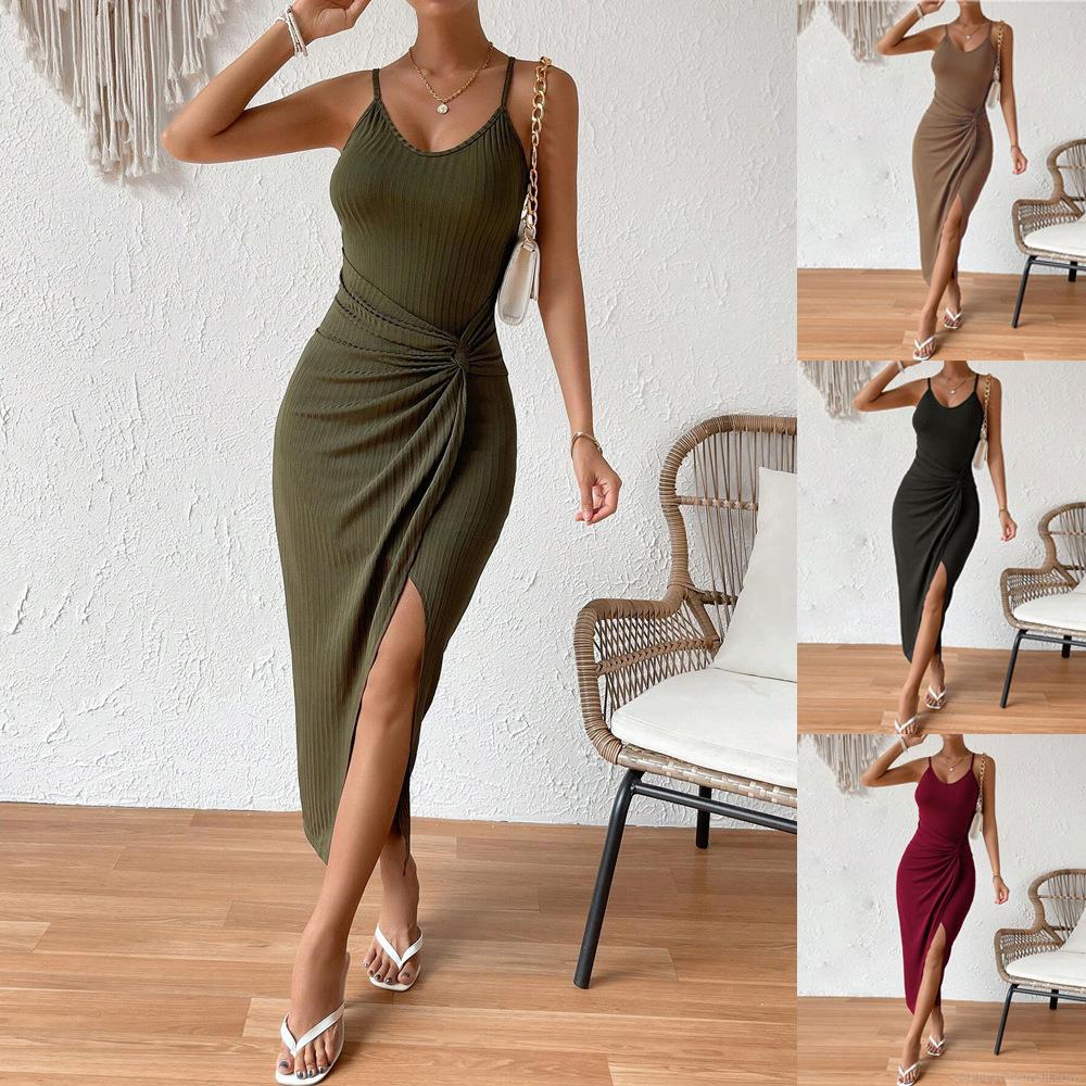 Women's Sexy Sleeveless V-Neck Crossover Knot Ribbed Knit Midi Dress Slim Fit Backless High Slit Ruched Bodycon Party Evening Vacation Dress Women's Sexy Sleeveless V-Neck Crossover Knot Ribbed Knit Midi Dress Slim Fit Backless High Slit Ruched Bodycon Party Evening Vacation Dress