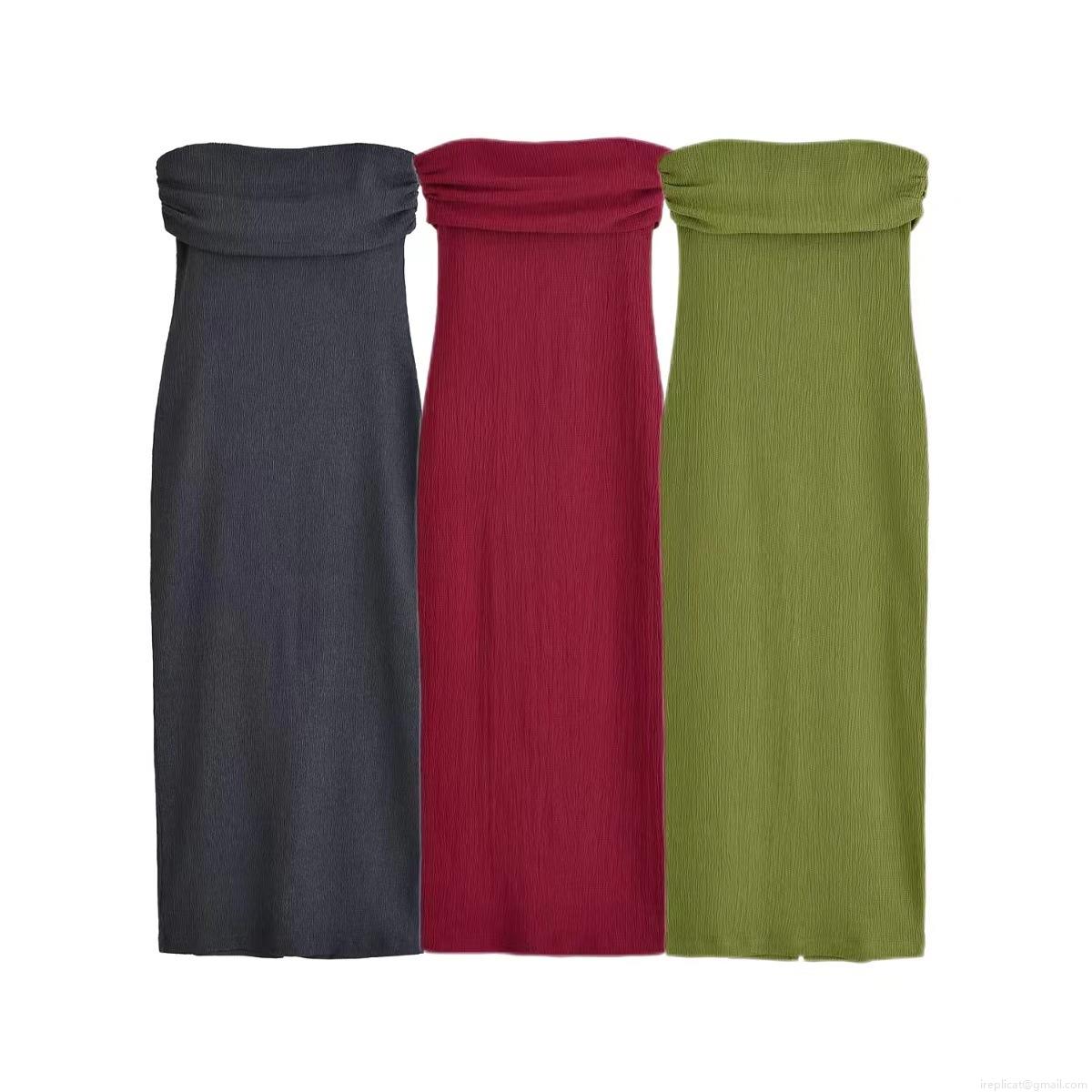Women's Strapless Tube Top Midi Dress Ribbed Pleated Bodycon Split Hem Off-Shoulder Cotton Blend Summer Sundress For Party Streetwear Women's Strapless Tube Top Midi Dress Ribbed Pleated Bodycon Split Hem Off-Shoulder Cotton Blend Summer Sundress For Party Streetwear