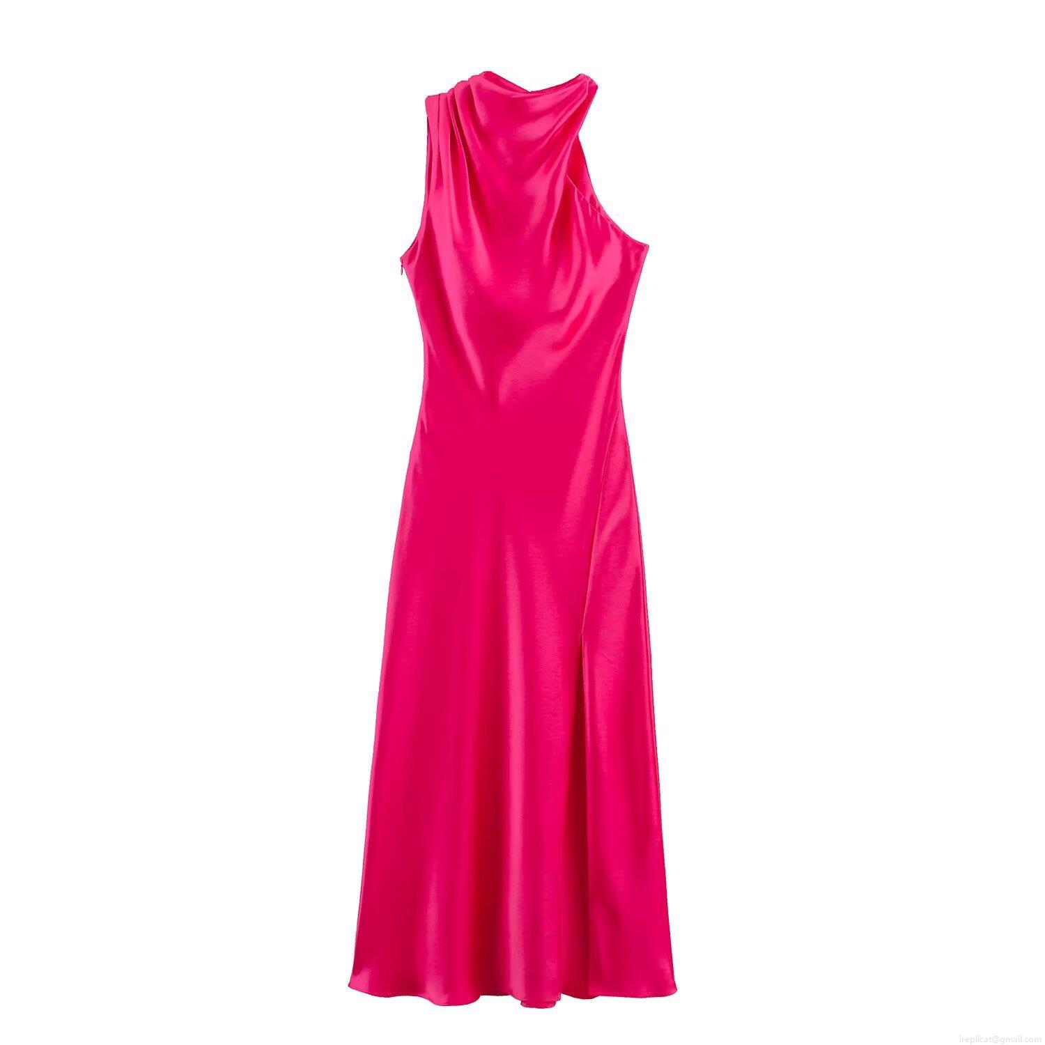Women's Elegant Satin Halter Neck Midi Dress Asymmetric Slit Sleeveless Backless High Gloss Cocktail Party Bodycon Evening Dress Women's Elegant Satin Halter Neck Midi Dress Asymmetric Slit Sleeveless Backless High Gloss Cocktail Party Bodycon Evening Dress