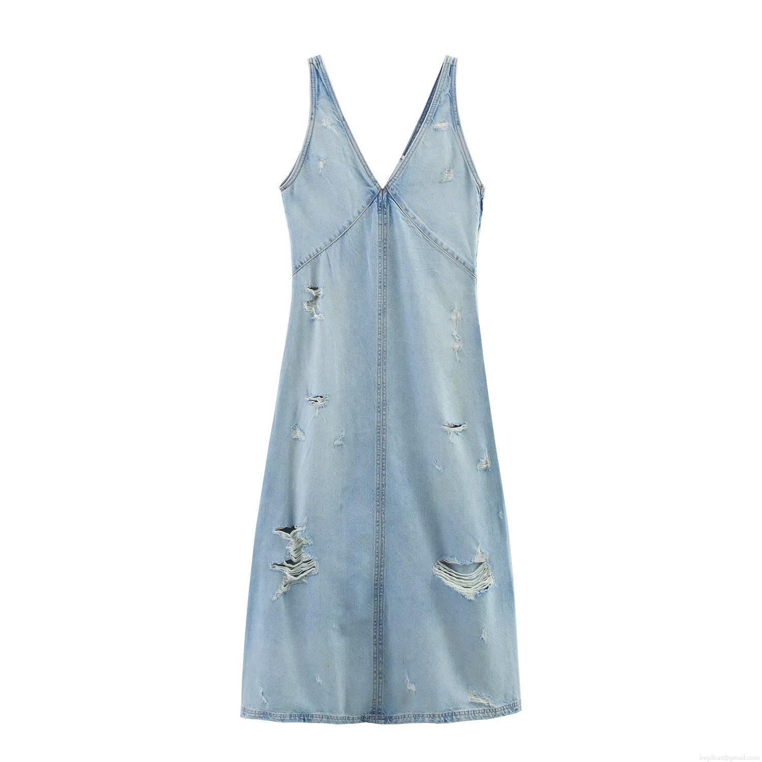 Women's Sexy V-Neck Ripped Denim Dress Sleeveless Distressed Camisole Midi Dress Summer Streetwear Western Style Blue Jean Dress For Women Women's Sexy V-Neck Ripped Denim Dress Sleeveless Distressed Camisole Midi Dress Summer Streetwear Western Style Blue Jean Dress For Women