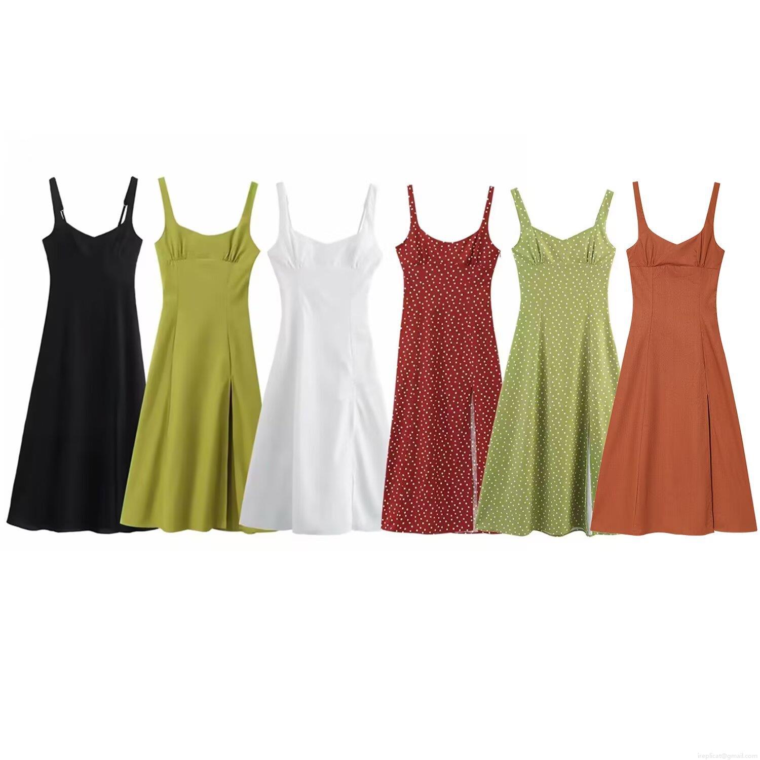Women Sexy Polka Dot V-Neck Cami Dress Side Slit Waist Tight Midi Dress Polyester Linen Blend Summer Vacation Party Streetwear Evening Gown