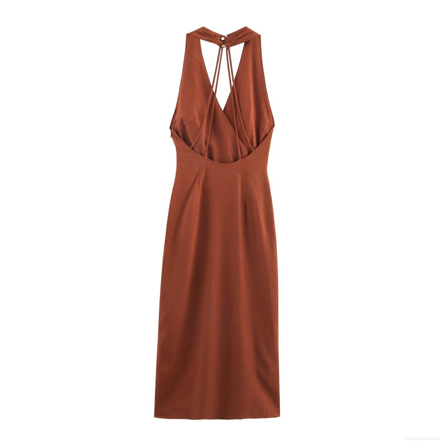 Women Sexy Backless Halter Dress Linen Blend Criss Cross Strap Metal Embellished Pleated Midi Dress With High Slit For Streetwear Party Summer Women Women Sexy Backless Halter Dress Linen Blend Criss Cross Strap Metal Embellished Pleated Midi Dress With High Slit For Streetwear Party Summer Women