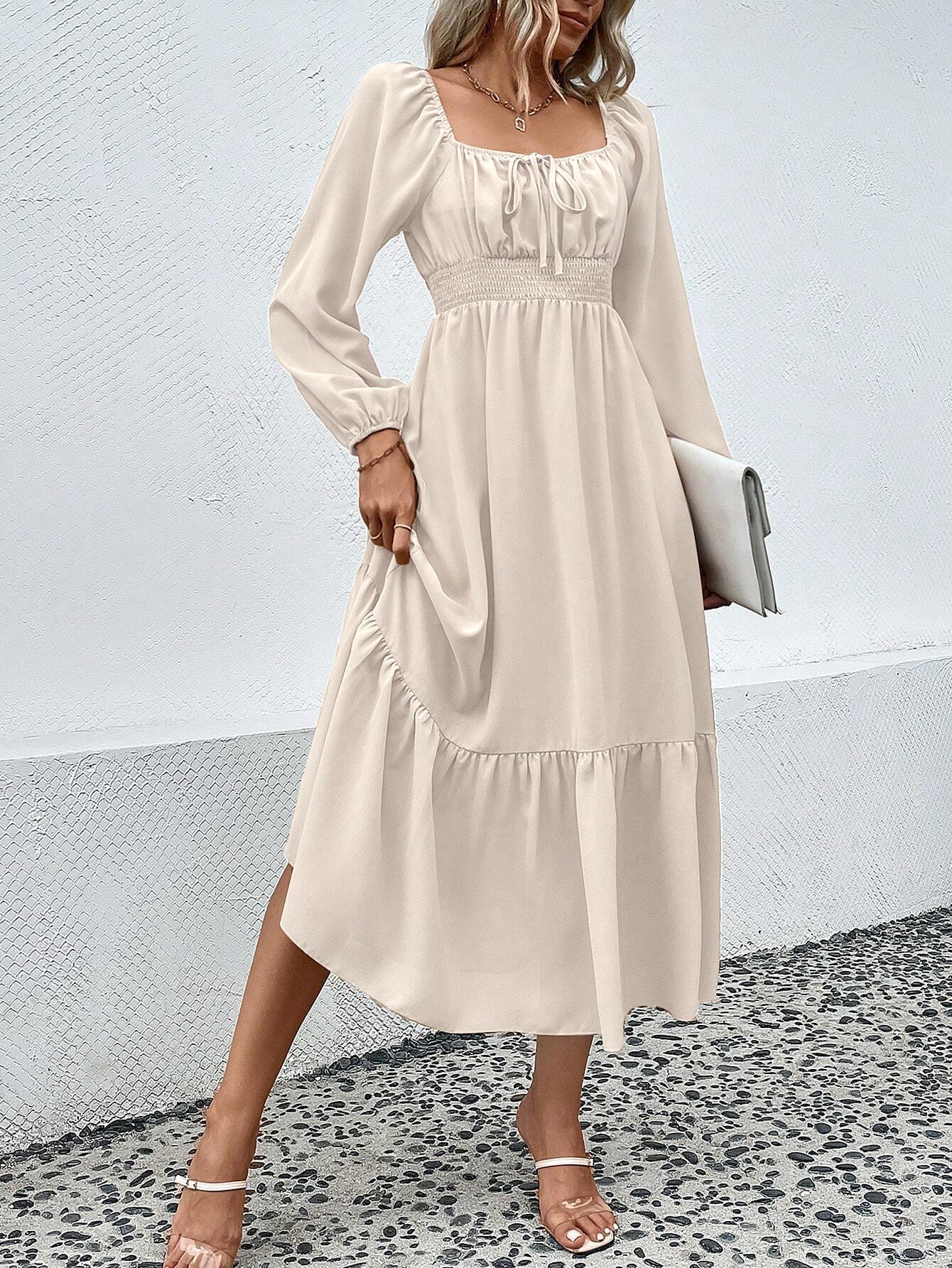 Women's Elegant Apricot Long Sleeve Square Neck Dress Polyester Spandex Smocked High Waist Ruffle Hem Midi Dresses For Commute Dating Party Ladies Fashion Clothing Women's Elegant Apricot Long Sleeve Square Neck Dress Polyester Spandex Smocked High Waist Ruffle Hem Midi Dresses For Commute Dating Party Ladies Fashion Clothing