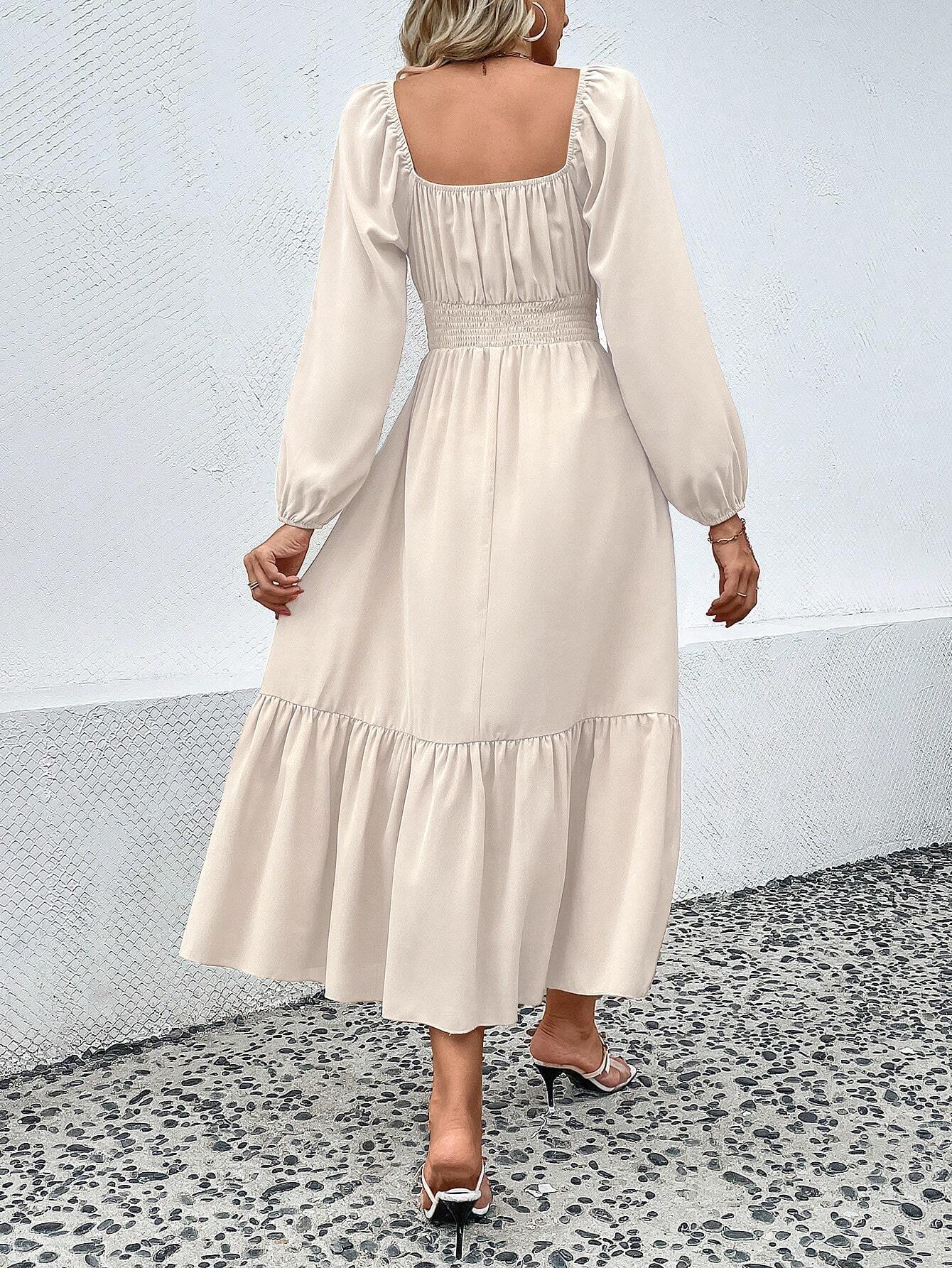 Women\'s Elegant Apricot Long Sleeve Square Neck Dress Polyester Spandex Smocked High Waist Ruffle Hem Midi Dresses For Commute Dating Party Ladies Fashion Clothing