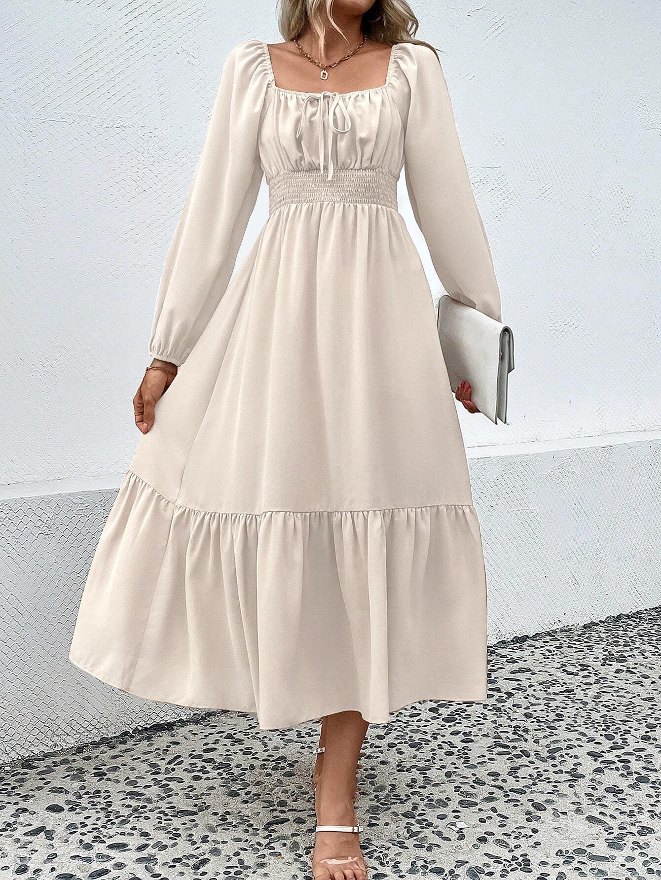 Women\'s Elegant Apricot Long Sleeve Square Neck Dress Polyester Spandex Smocked High Waist Ruffle Hem Midi Dresses For Commute Dating Party Ladies Fashion Clothing