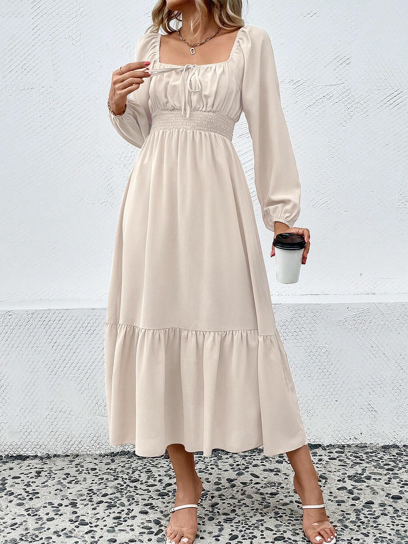 Women\'s Elegant Apricot Long Sleeve Square Neck Dress Polyester Spandex Smocked High Waist Ruffle Hem Midi Dresses For Commute Dating Party Ladies Fashion Clothing