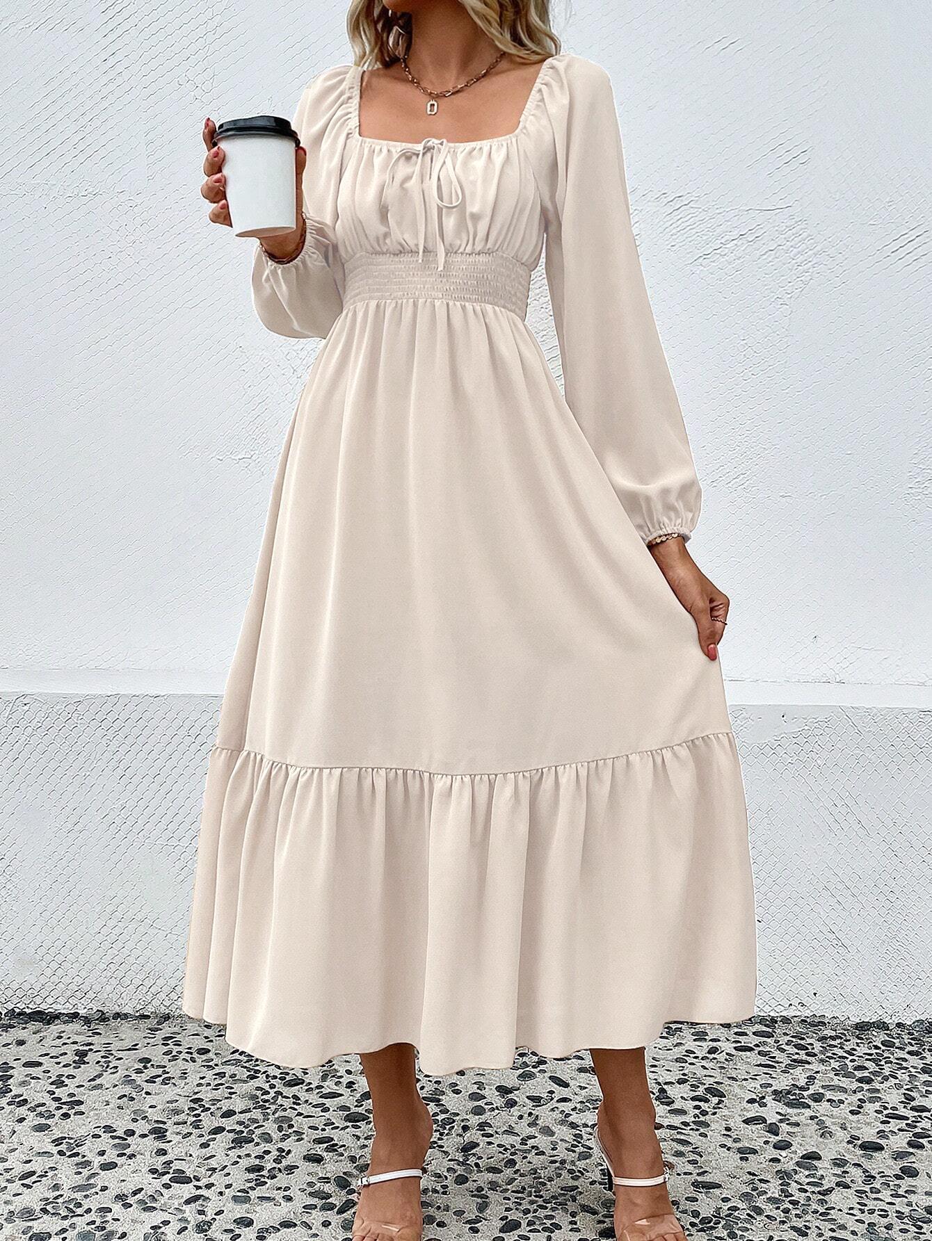 Women\'s Elegant Apricot Long Sleeve Square Neck Dress Polyester Spandex Smocked High Waist Ruffle Hem Midi Dresses For Commute Dating Party Ladies Fashion Clothing