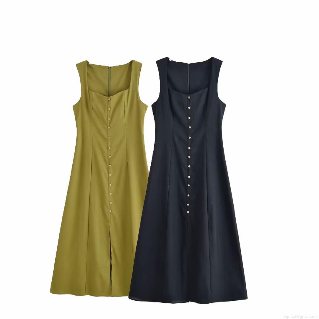 Women Summer Square Neck Sleeveless Midi A-Line Dress Single Breasted Solid Color Polyester Casual Streetwear Retro Fashion Daily Dress For Women