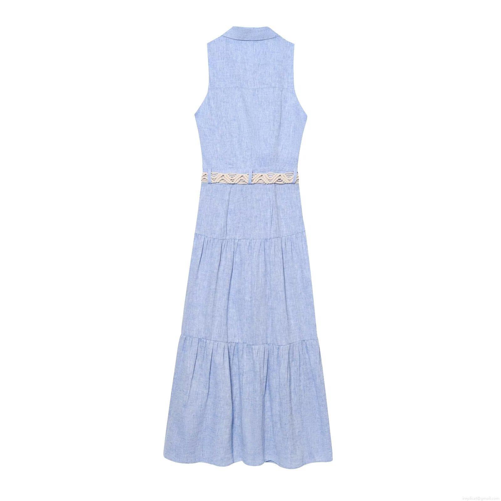 Women's Sleeveless Polo Collar Linen Blend A-Line Midi Dress With Woven Belt Summer Casual Single Breasted Light Blue Solid Color Fashion Vest Dress Women's Sleeveless Polo Collar Linen Blend A-Line Midi Dress With Woven Belt Summer Casual Single Breasted Light Blue Solid Color Fashion Vest Dress