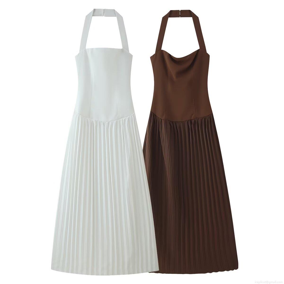 Women Sexy Backless Halterneck Pleated Maxi Dress European Street Style Sleeveless Splicing A-Line Long Dress For Party Vacation Women Sexy Backless Halterneck Pleated Maxi Dress European Street Style Sleeveless Splicing A-Line Long Dress For Party Vacation