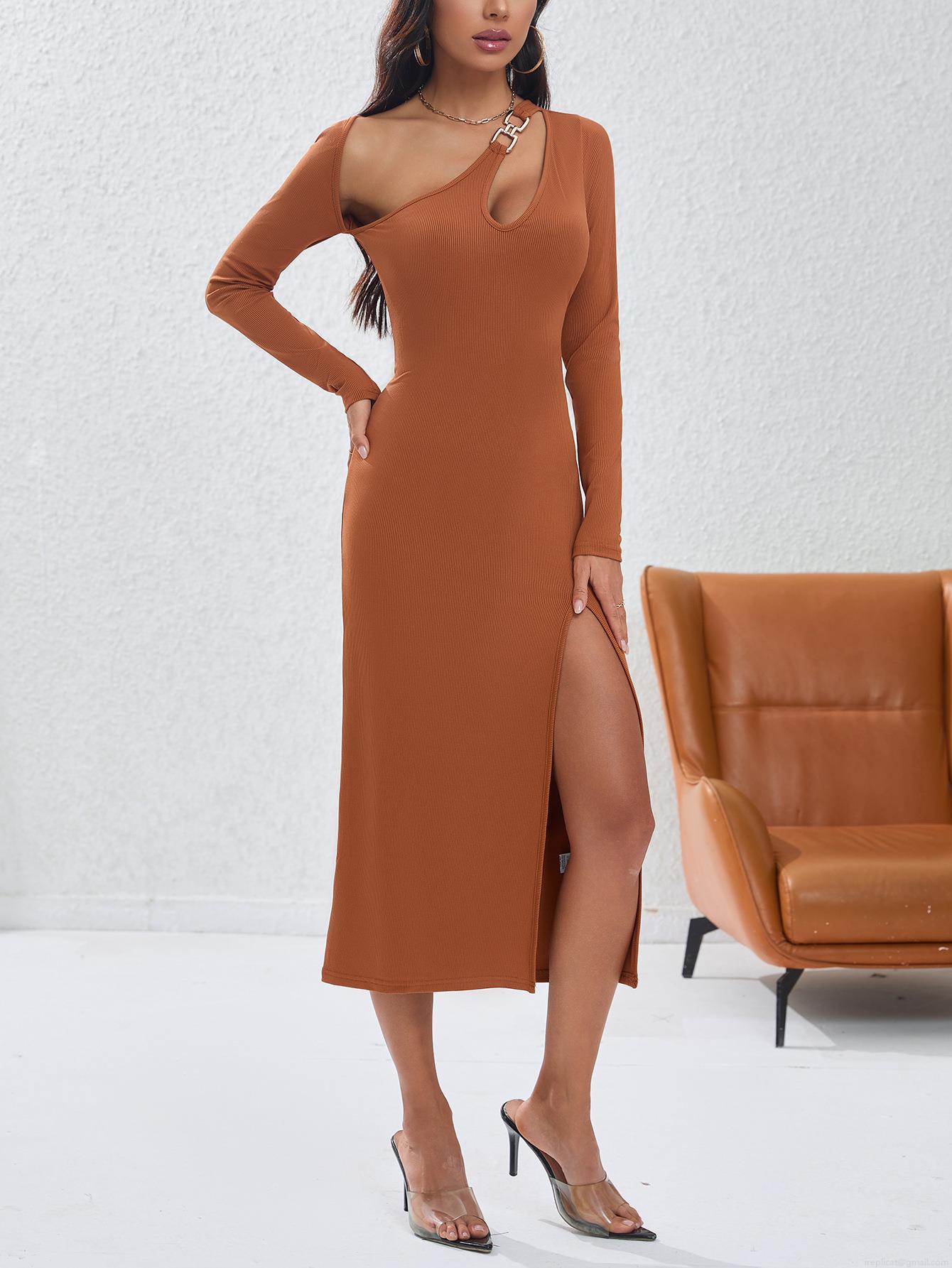 Women\'s Sexy One Shoulder Cut Out Knit Midi Dress Irregular Hollow Slim Fit High Slit Long Sleeve Solid Color Ribbed Bodycon Party Night Out Dress