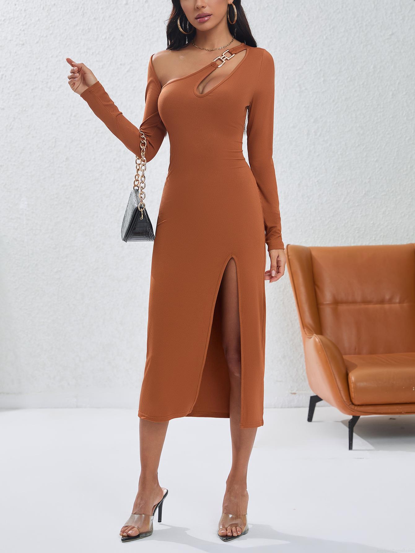Women\'s Sexy One Shoulder Cut Out Knit Midi Dress Irregular Hollow Slim Fit High Slit Long Sleeve Solid Color Ribbed Bodycon Party Night Out Dress