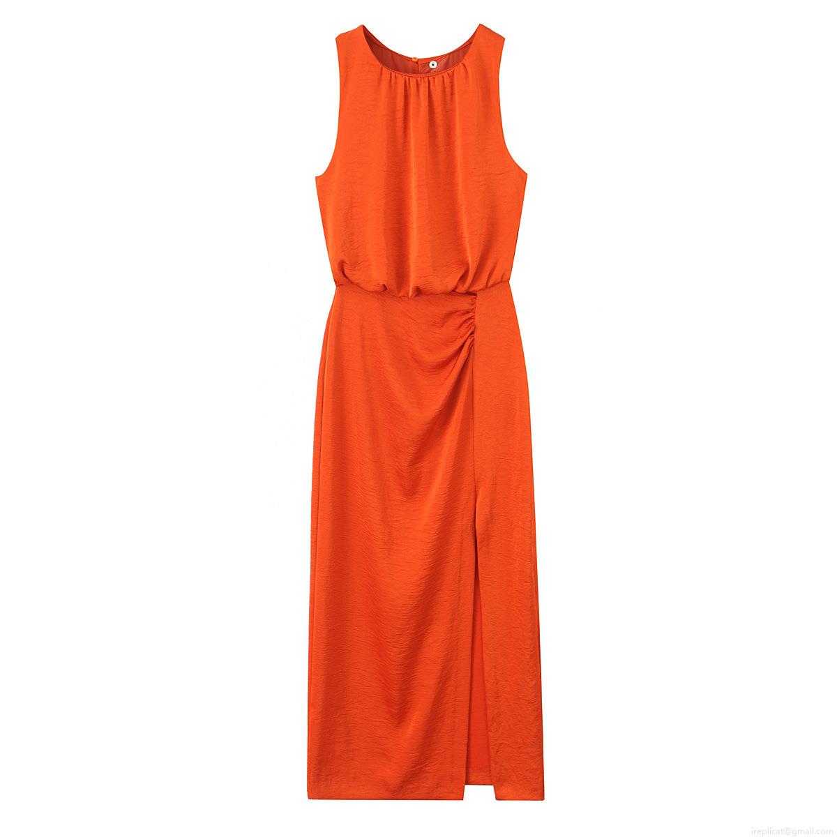 Women\'s Sleeveless Round Neck Ruched Midi Dress Sexy Side Split Satin Texture Polyester Party Clubwear Streetwear Solid Color Elegant Summer Dress