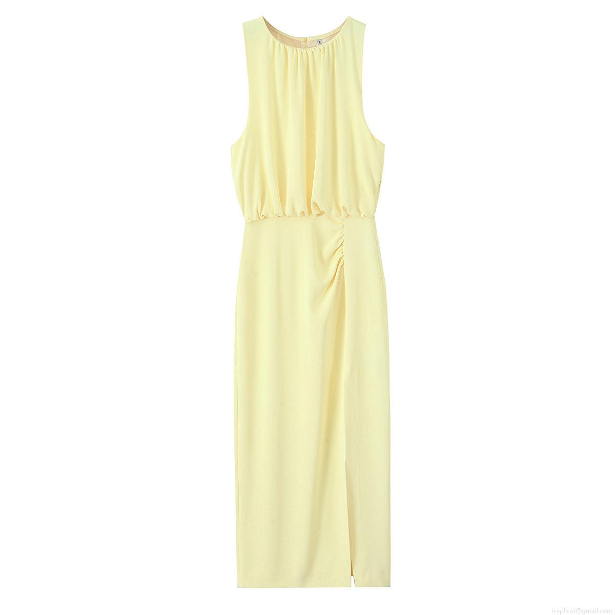Women\'s Sleeveless Round Neck Ruched Midi Dress Sexy Side Split Satin Texture Polyester Party Clubwear Streetwear Solid Color Elegant Summer Dress