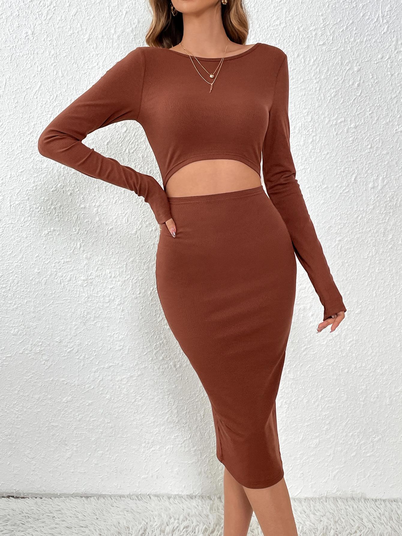 Sexy Women Cut Out Waist Knit Dress Long Sleeve Round Neck Bodycon Midi Dress Solid Color Ribbed Slim Fit Party Clubwear Maxi Gown Sexy Women Cut Out Waist Knit Dress Long Sleeve Round Neck Bodycon Midi Dress Solid Color Ribbed Slim Fit Party Clubwear Maxi Gown