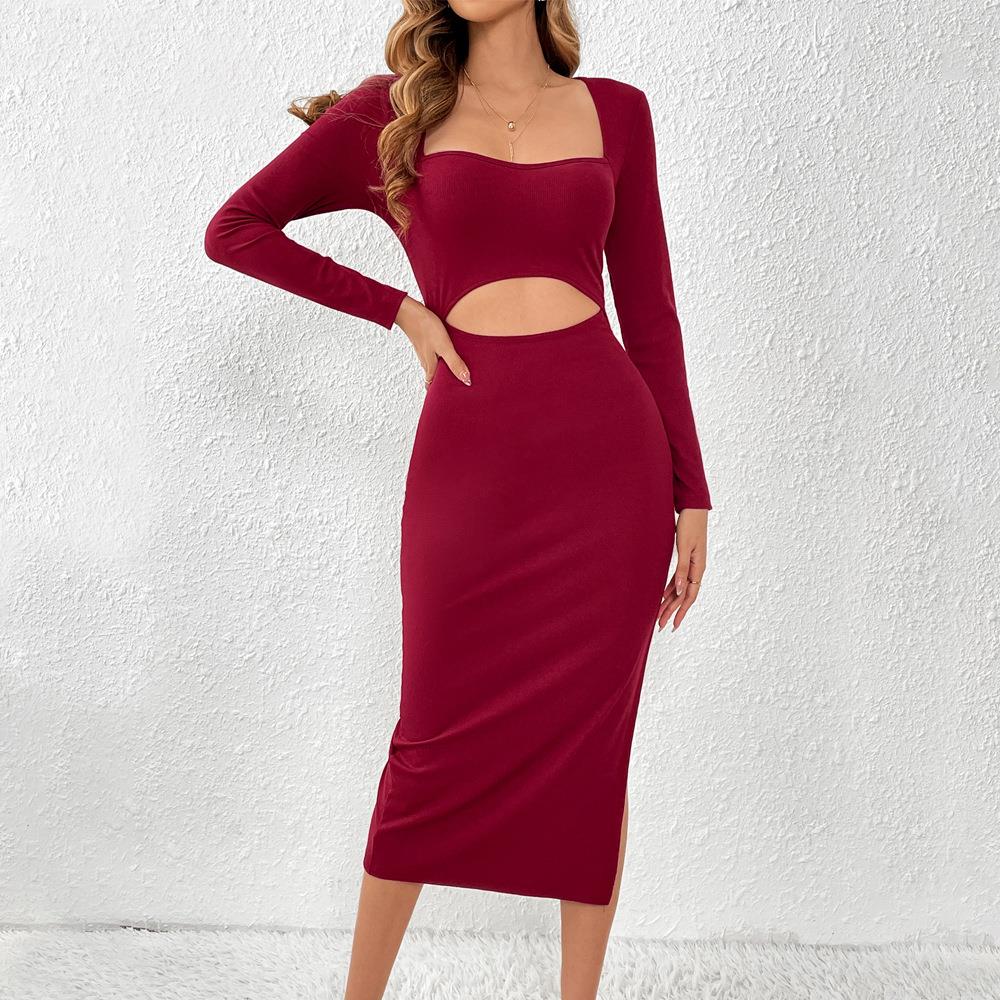 Women Sexy Burgundy Ribbed Knit Midi Dress Cutout Waist Side Slit Long Sleeve Square Neck Slim Fit Bodycon Dress for Party Clubwear Women Sexy Burgundy Ribbed Knit Midi Dress Cutout Waist Side Slit Long Sleeve Square Neck Slim Fit Bodycon Dress for Party Clubwear