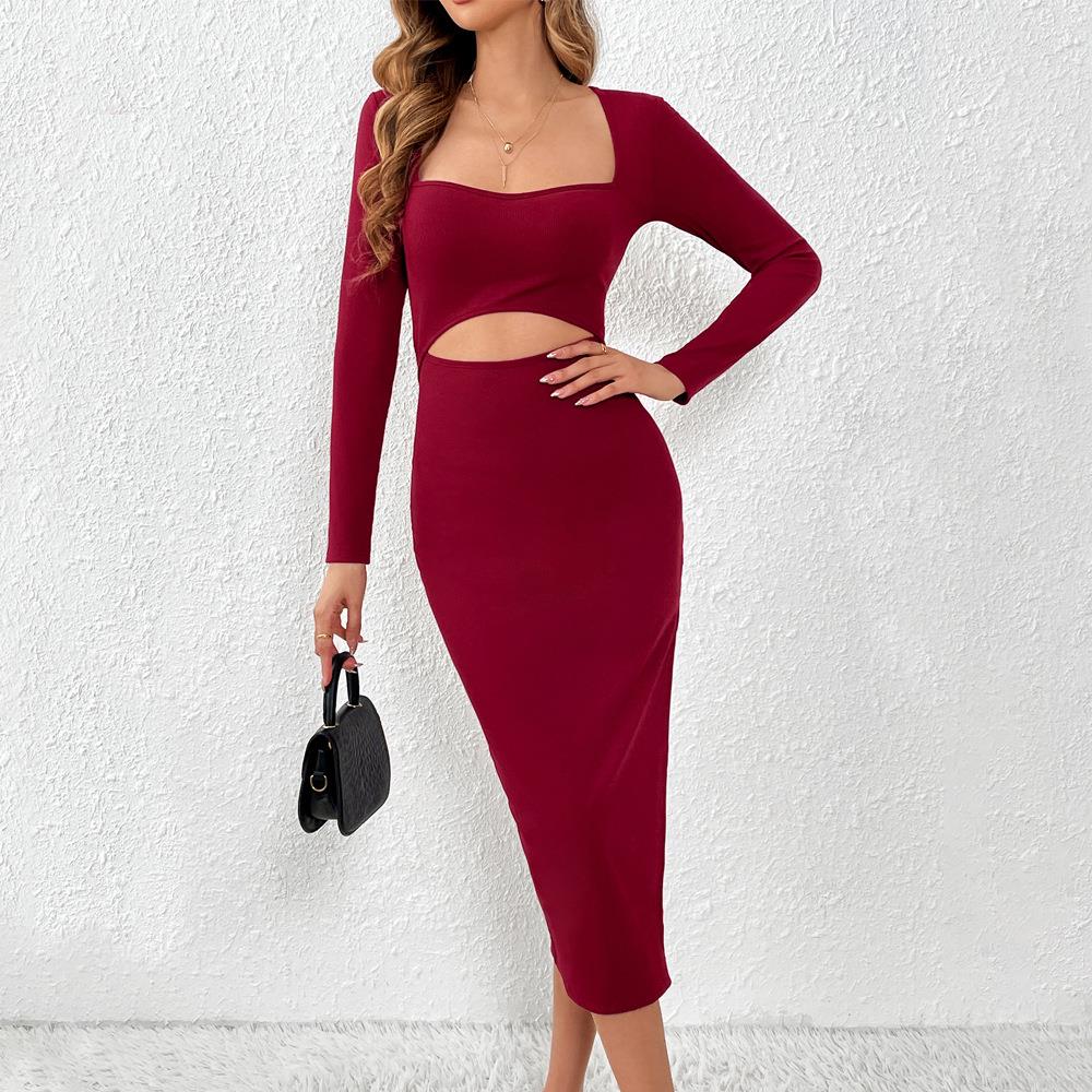 Women Sexy Burgundy Ribbed Knit Midi Dress Cutout Waist Side Slit Long Sleeve Square Neck Slim Fit Bodycon Dress for Party Clubwear