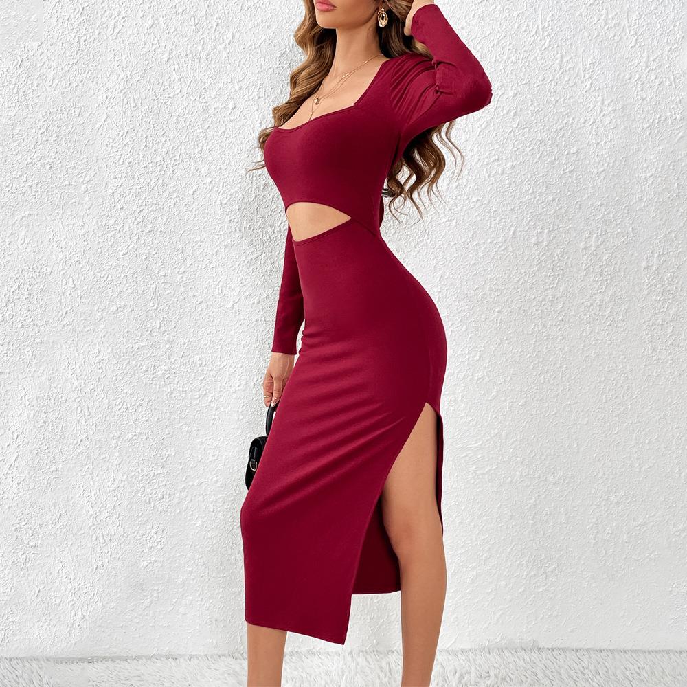 Women Sexy Burgundy Ribbed Knit Midi Dress Cutout Waist Side Slit Long Sleeve Square Neck Slim Fit Bodycon Dress for Party Clubwear