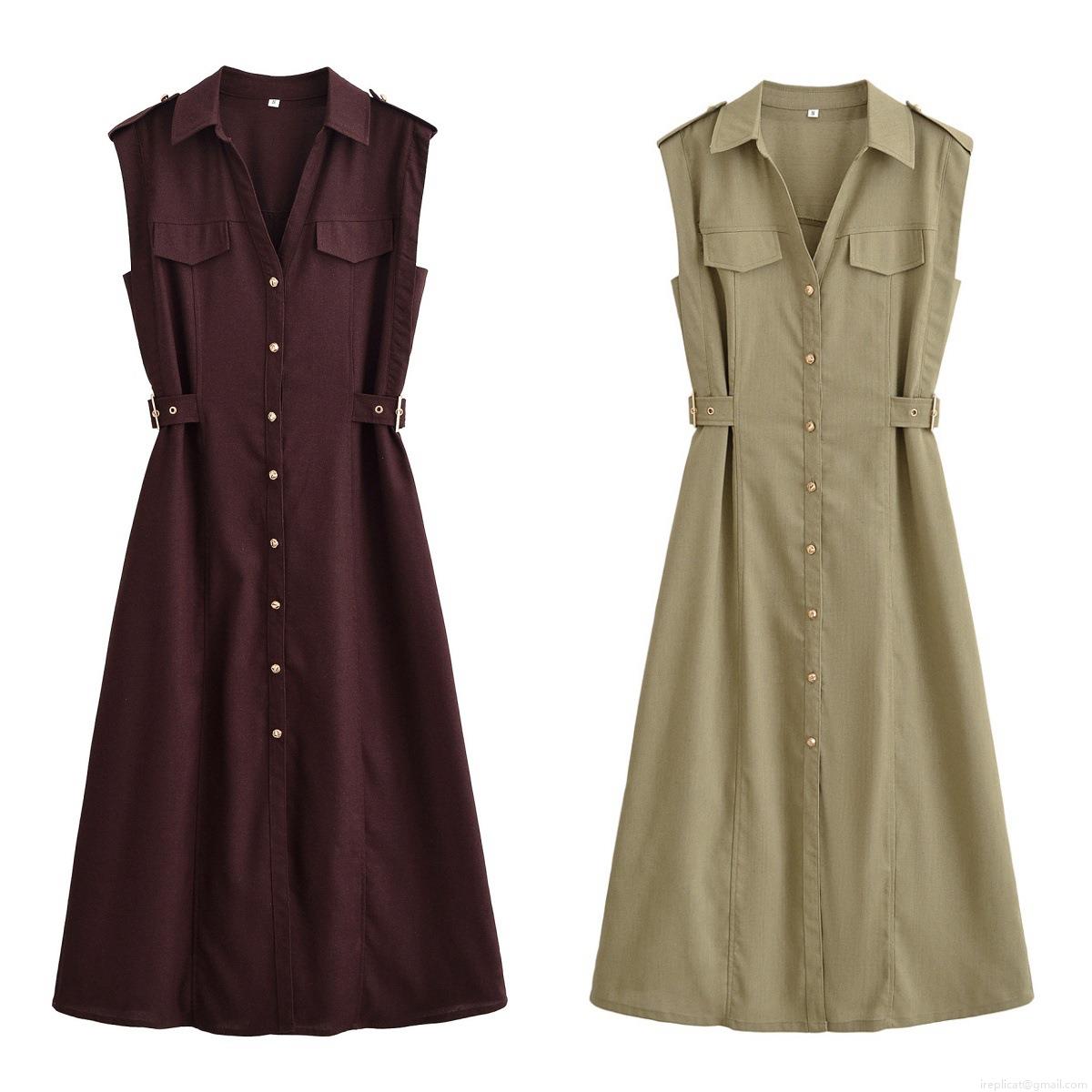 Women's Sleeveless Shirt Midi Dress Polyester Solid Color Turn-down Collar Button-down Dress with Chest Pockets and Waist Buckle Detail for Casual Summer Street Style Lady Fashion Vestidos Women's Sleeveless Shirt Midi Dress Polyester Solid Color Turn-down Collar Button-down Dress with Chest Pockets and Waist Buckle Detail for Casual Summer Street Style Lady Fashion Vestidos