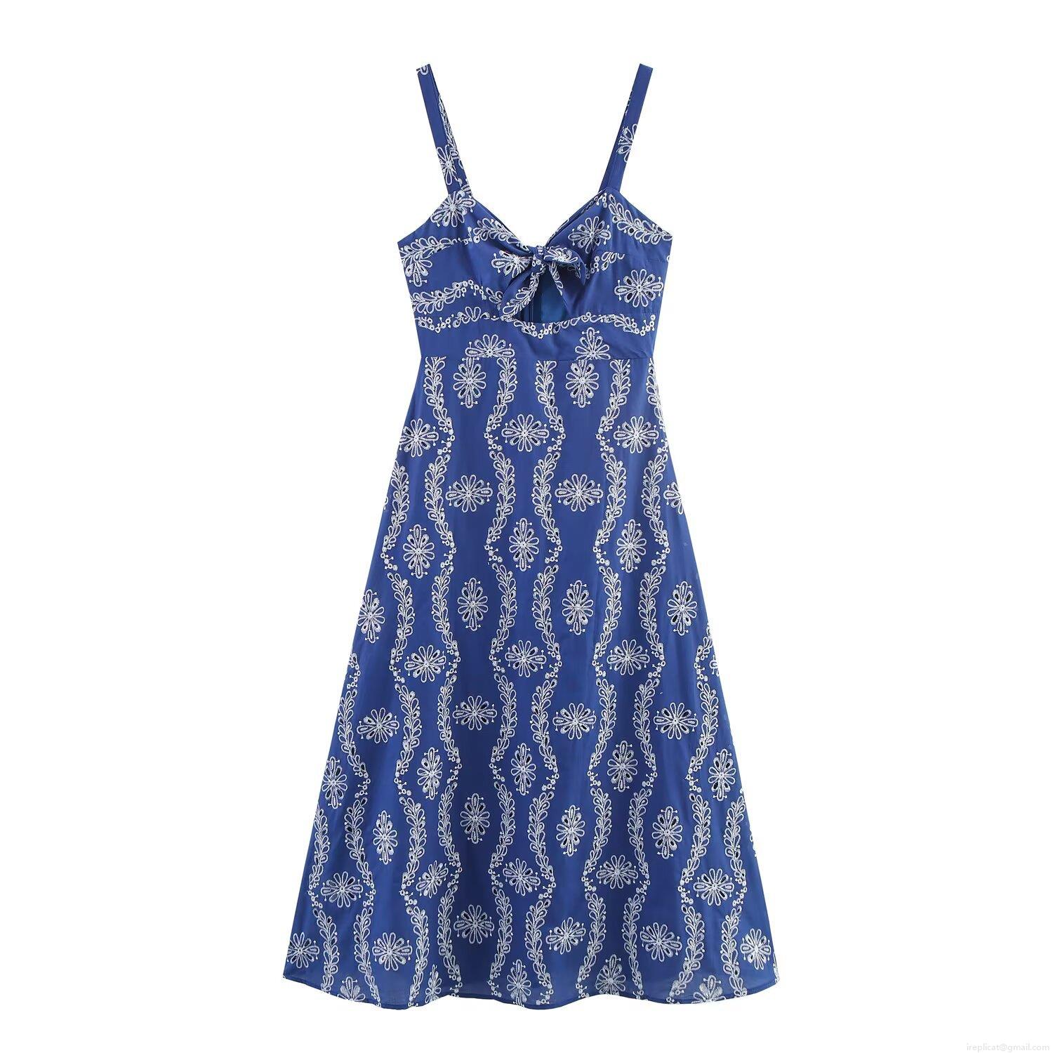Women's Royal Blue Floral Embroidered Cami Midi Dress Cotton Polyester Blend Hollow Out Lace-up V-Neck Bohemian Summer Sundress For Vacation Women's Royal Blue Floral Embroidered Cami Midi Dress Cotton Polyester Blend Hollow Out Lace-up V-Neck Bohemian Summer Sundress For Vacation