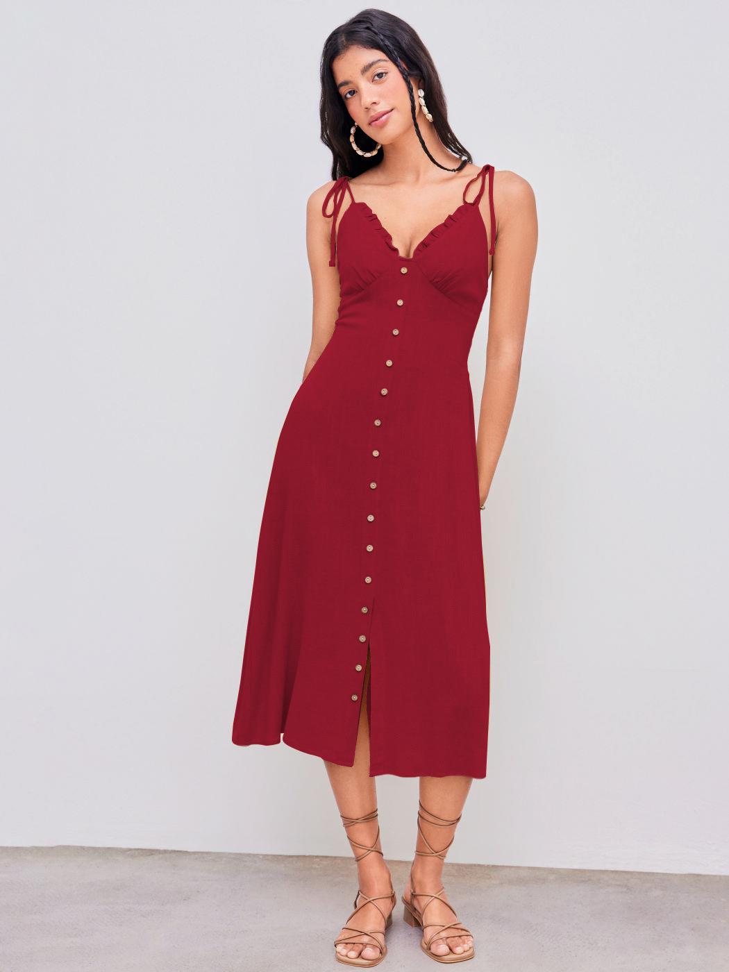 Women's French Style 100% Cotton Midi Dress Elegant V-Neck Ruffle Trim Single Breasted Wine Red Sling Dress With Smocked Back Adjustable Tie Straps A-Line Summer Sundress Women's French Style 100% Cotton Midi Dress Elegant V-Neck Ruffle Trim Single Breasted Wine Red Sling Dress With Smocked Back Adjustable Tie Straps A-Line Summer Sundress