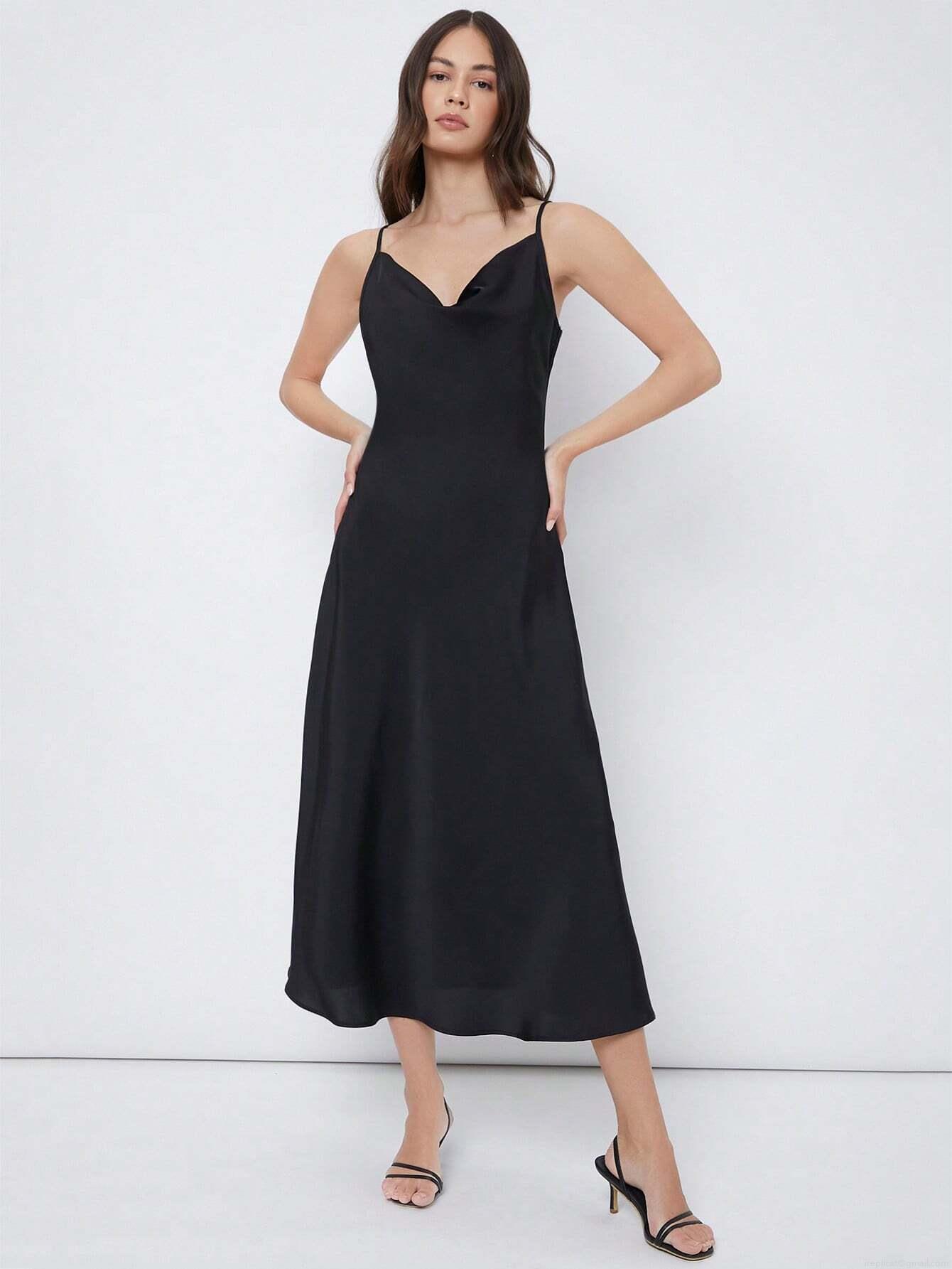 Women's Elegant Cowl Neck Satin Midi Dress 95% Polyester 5% Elastane Spaghetti Strap Slim Fit Evening Party Maxi Dress Women's Elegant Cowl Neck Satin Midi Dress 95% Polyester 5% Elastane Spaghetti Strap Slim Fit Evening Party Maxi Dress
