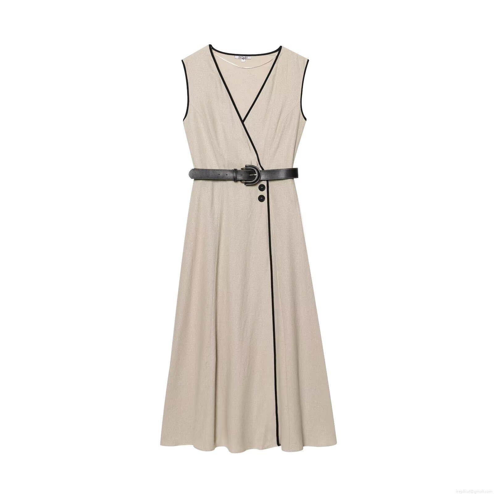 Women's Sleeveless V-Neck Midi Dress Linen Cotton Blend A-Line Belted Dress Contrast Binding Street Style Solid Color Casual Party Dress For Women Khaki