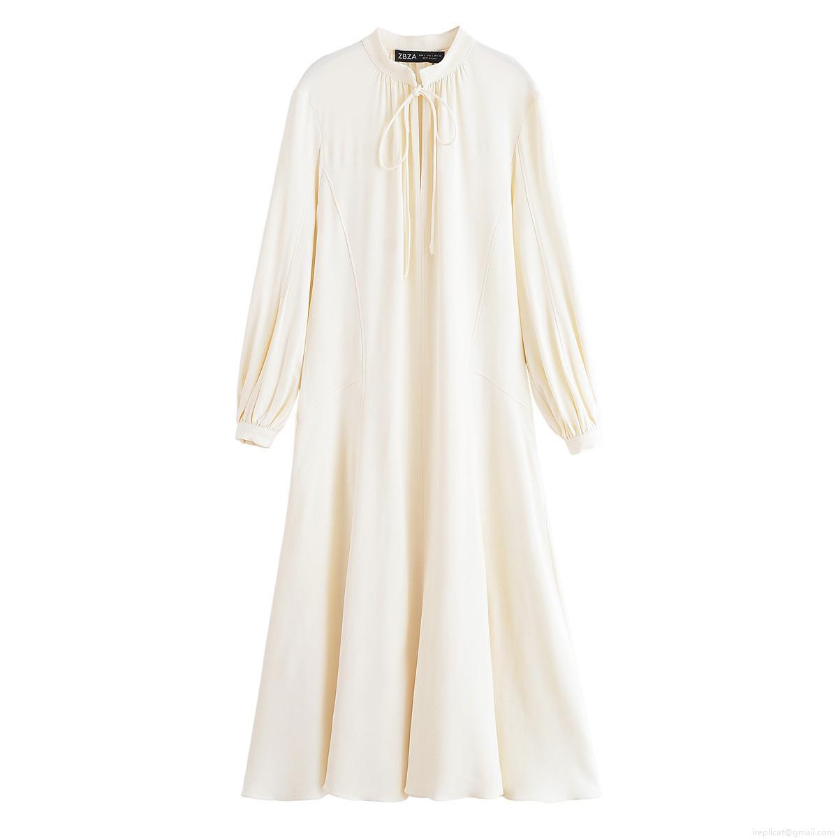 Elegant Solid Color Polyester Midi Dress Featuring Stand Collar Bow Tie And Lantern Long Sleeves For Women Daily Office Party Minimalist A-Line Dress Elegant Solid Color Polyester Midi Dress Featuring Stand Collar Bow Tie And Lantern Long Sleeves For Women Daily Office Party Minimalist A-Line Dress