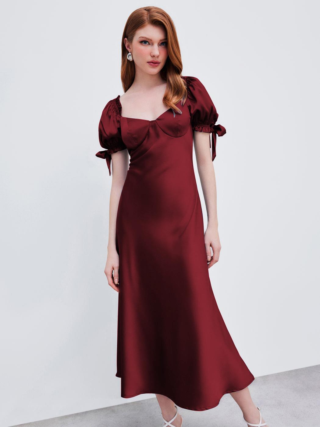 Women's Wine Red Satin Midi Dress Elegant Heart Neck Puff Sleeve Backless Tie Up Fishtail Bodycon Evening Party Dress For Ladies Wedding Guest Women's Wine Red Satin Midi Dress Elegant Heart Neck Puff Sleeve Backless Tie Up Fishtail Bodycon Evening Party Dress For Ladies Wedding Guest