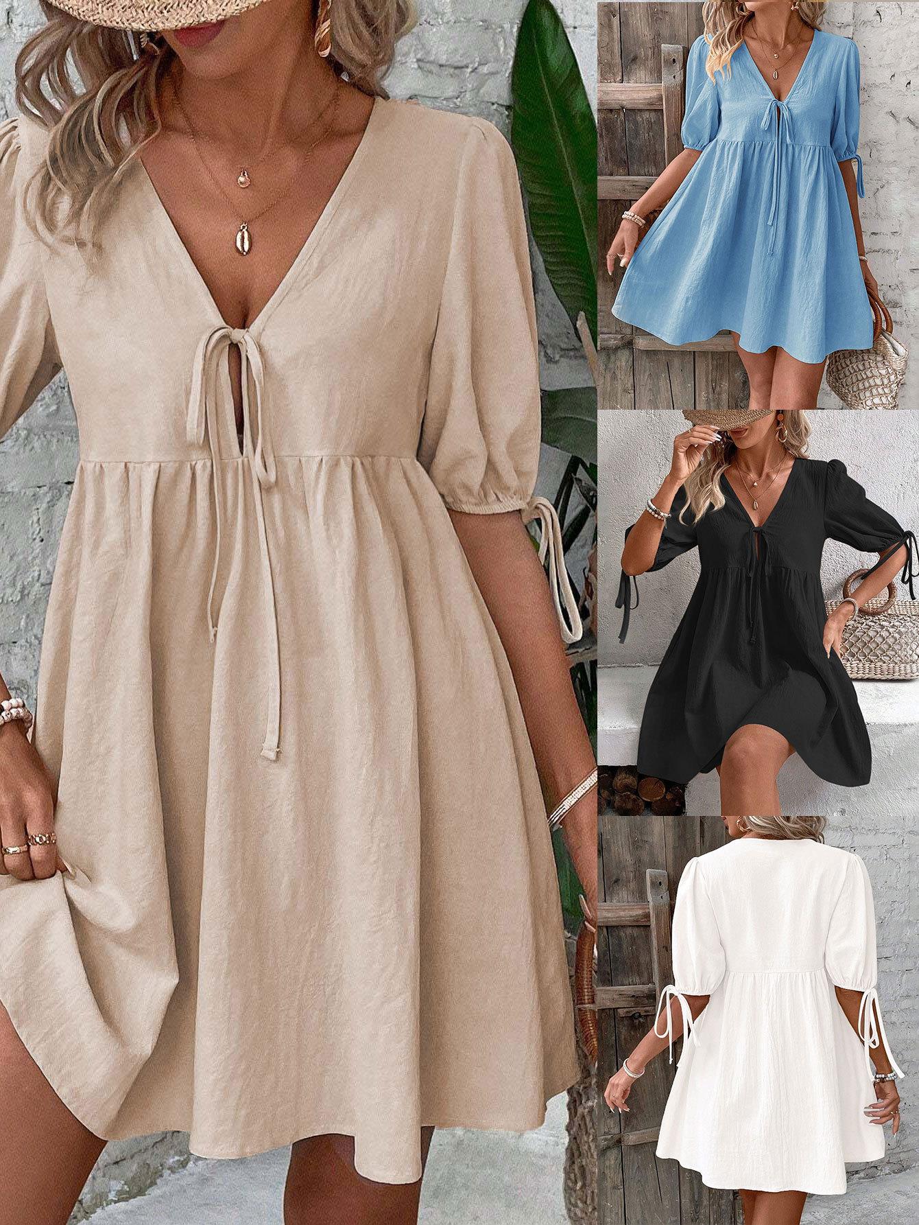Women Elegant V Neck Cotton Dress Casual Loose A-Line Short Bubble Sleeve Tie Front Summer Sun Dress Vacation Travel Midi Dress For Graceful Ladies Women Elegant V Neck Cotton Dress Casual Loose A-Line Short Bubble Sleeve Tie Front Summer Sun Dress Vacation Travel Midi Dress For Graceful Ladies