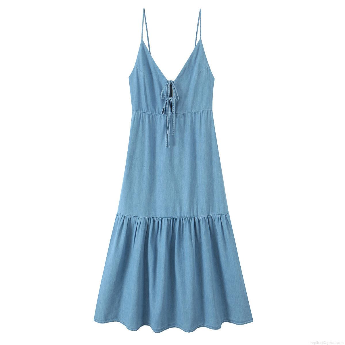 Women Sexy Backless Cami Midi Dress Summer V-Neck Bow Tie Front Denim Style Polyester Sleeveless Solid Color Party Vacation A-Line Layered Ruffle Dress Women Sexy Backless Cami Midi Dress Summer V-Neck Bow Tie Front Denim Style Polyester Sleeveless Solid Color Party Vacation A-Line Layered Ruffle Dress