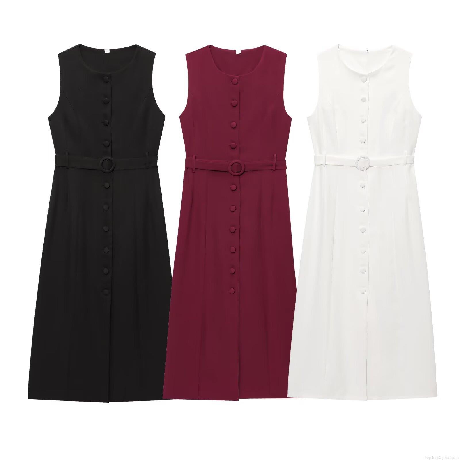 Women's Sleeveless Single Breasted Midi Dress With Belt Round Neck Solid Color Polyester Summer Casual Street Style Fashion Tank Dress For Women Women's Sleeveless Single Breasted Midi Dress With Belt Round Neck Solid Color Polyester Summer Casual Street Style Fashion Tank Dress For Women