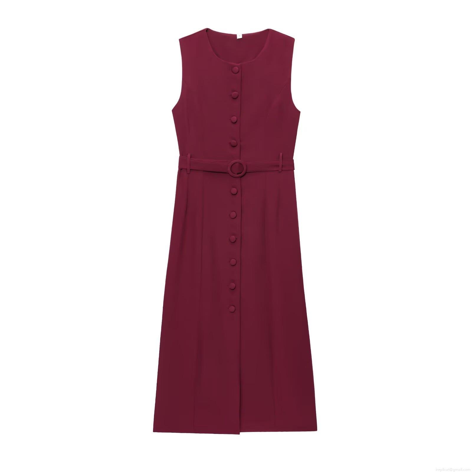 Women\'s Sleeveless Single Breasted Midi Dress With Belt Round Neck Solid Color Polyester Summer Casual Street Style Fashion Tank Dress For Women
