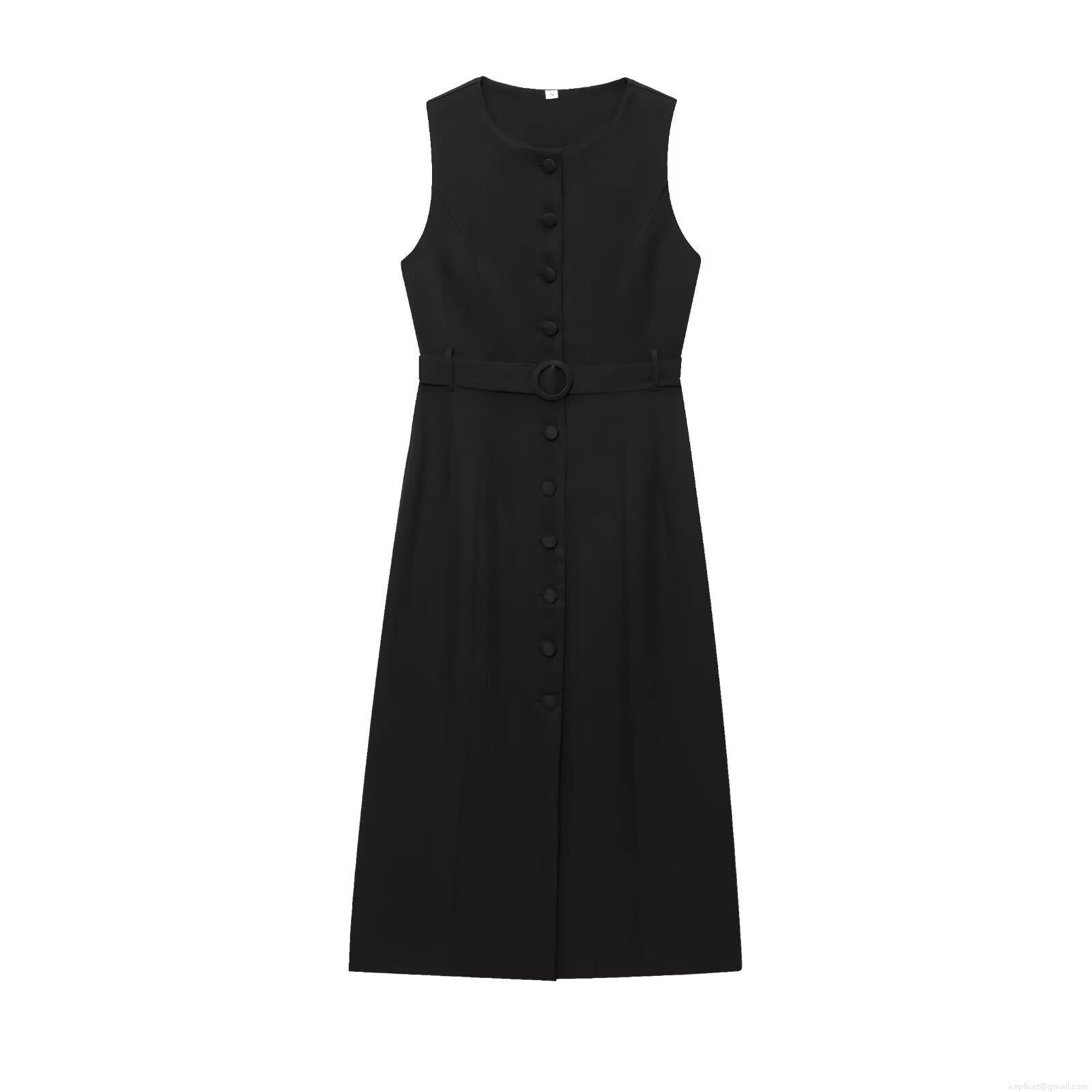 Women\'s Sleeveless Single Breasted Midi Dress With Belt Round Neck Solid Color Polyester Summer Casual Street Style Fashion Tank Dress For Women