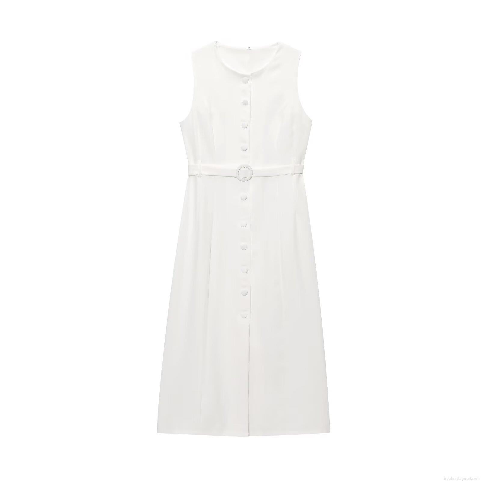 Women\'s Sleeveless Single Breasted Midi Dress With Belt Round Neck Solid Color Polyester Summer Casual Street Style Fashion Tank Dress For Women
