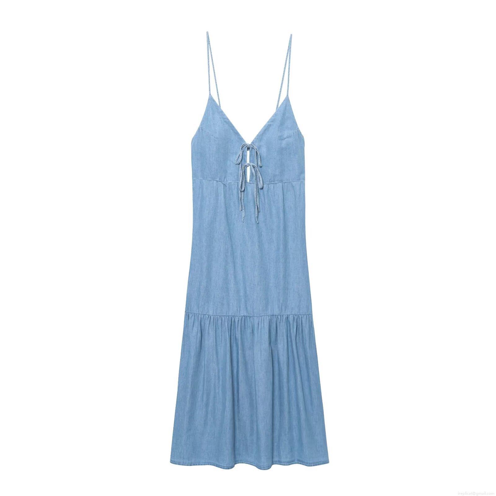 Summer Women V-Neck Bow Tie Denim Look Camisole Midi Dress Backless Tiered Blue Casual Sleeveless Sundress Streetwear Party Dress Summer Women V-Neck Bow Tie Denim Look Camisole Midi Dress Backless Tiered Blue Casual Sleeveless Sundress Streetwear Party Dress