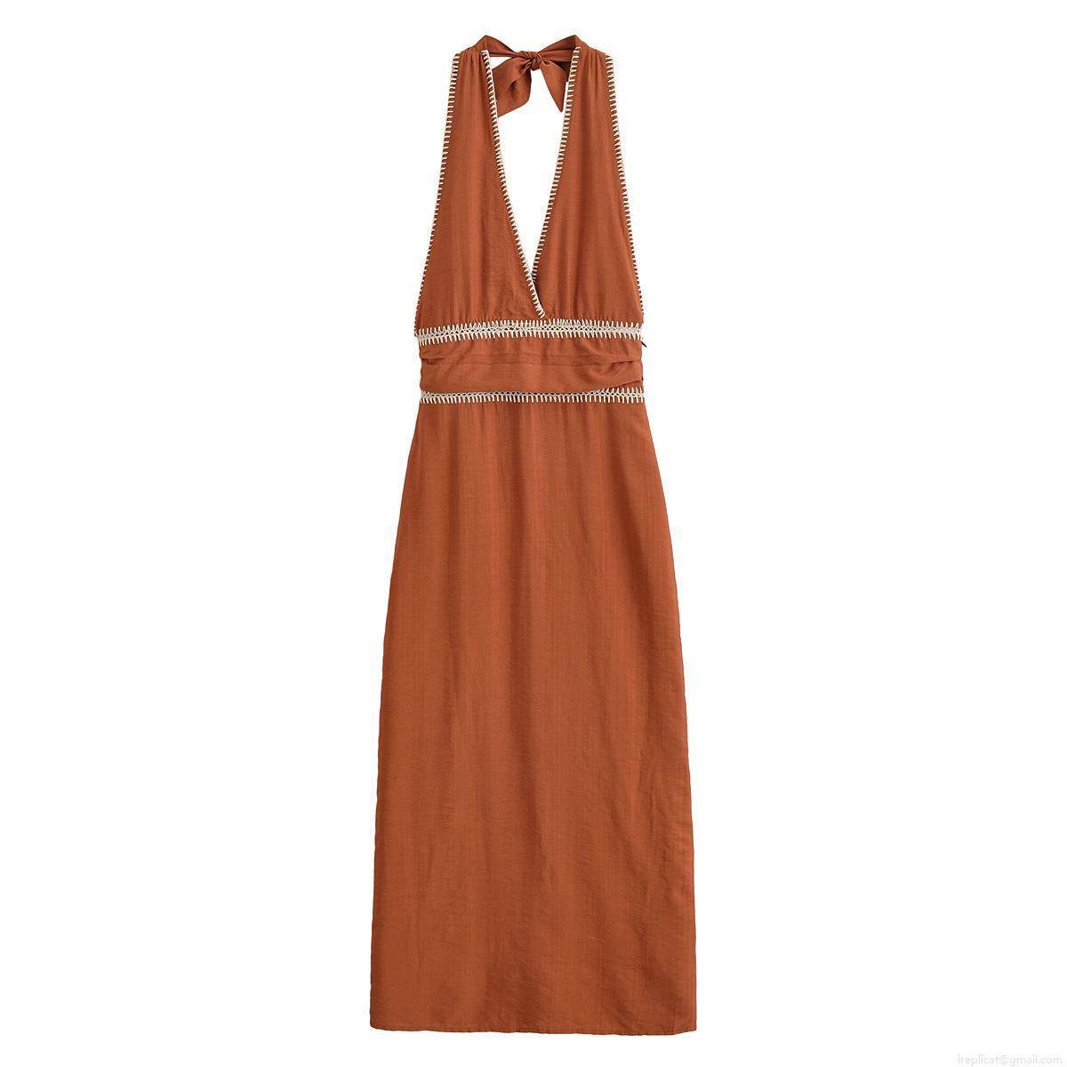 Women's Summer Halter Neck Backless Midi Dress With Embroidery V-Neck Slit Polyester Caramel Rust Red Street Style Dress Women's Summer Halter Neck Backless Midi Dress With Embroidery V-Neck Slit Polyester Caramel Rust Red Street Style Dress