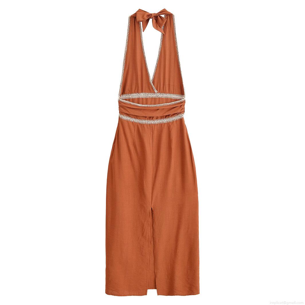 Women\'s Summer Halter Neck Backless Midi Dress With Embroidery V-Neck Slit Polyester Caramel Rust Red Street Style Dress